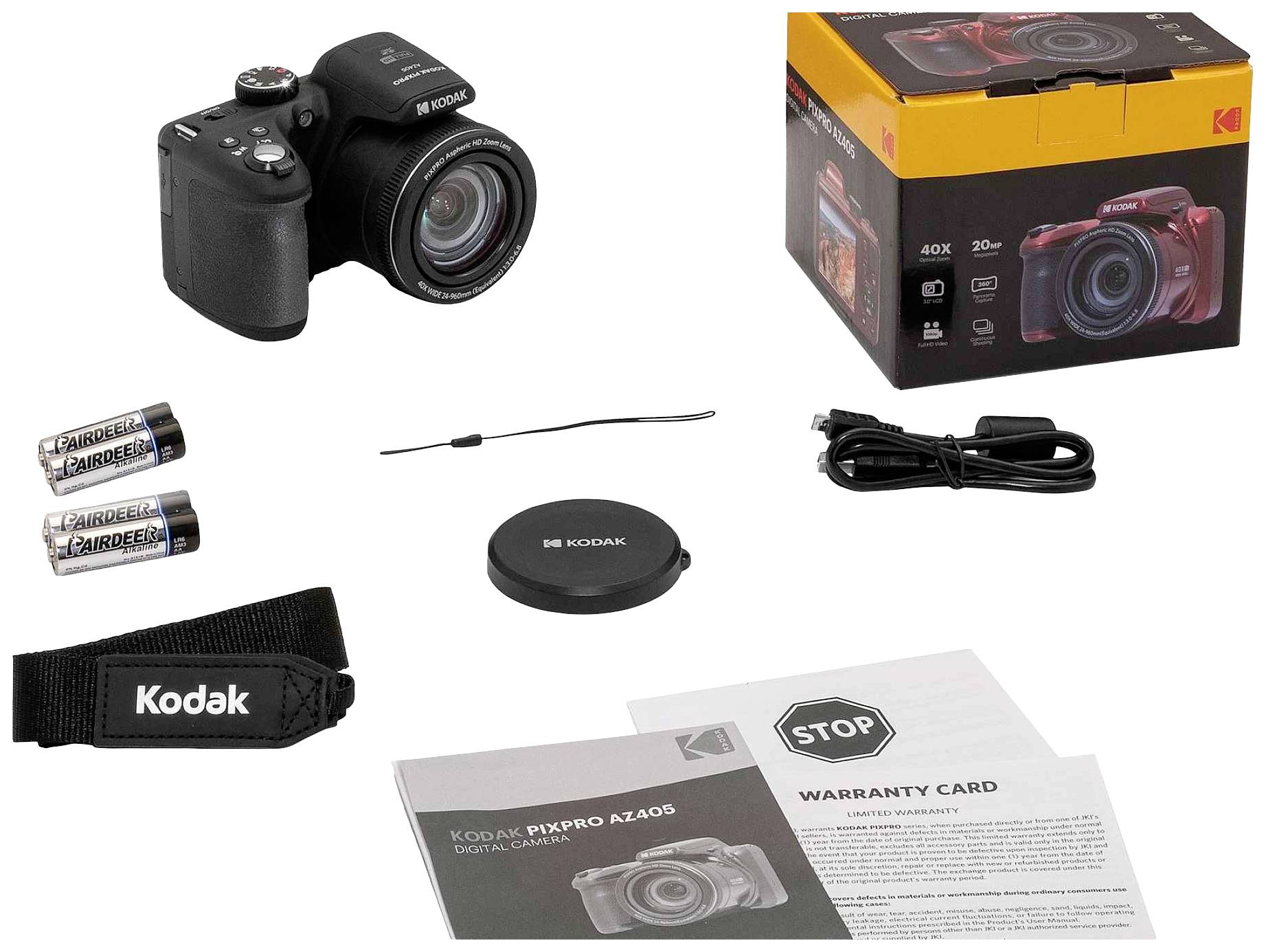 Kamera-Set mit Kodak-Kamera, zwei AA-Batterien, Tragriemen, Objektivdeckel, Datenkabel, Garantiekarte und Verpackung.