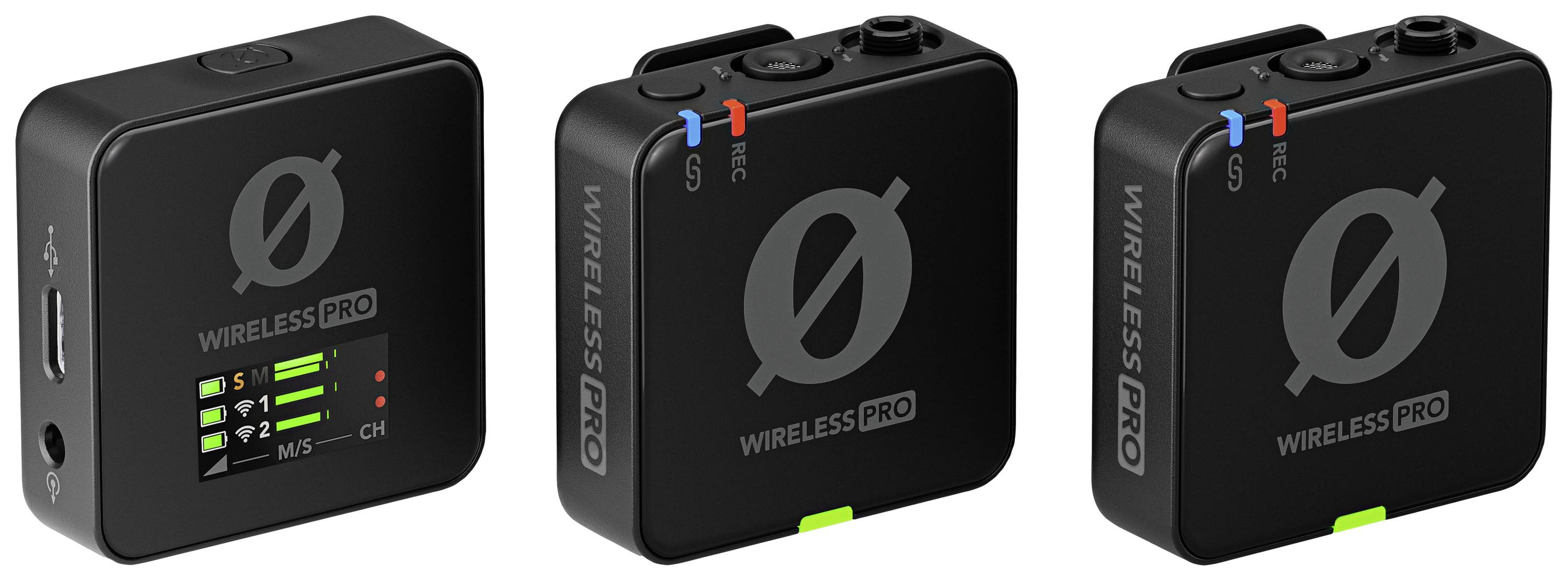 Drei schwarze, quadratische drahtlose Mikrofone mit dem Logo 'Wireless Pro' und farbigen Tasten auf der Oberseite.