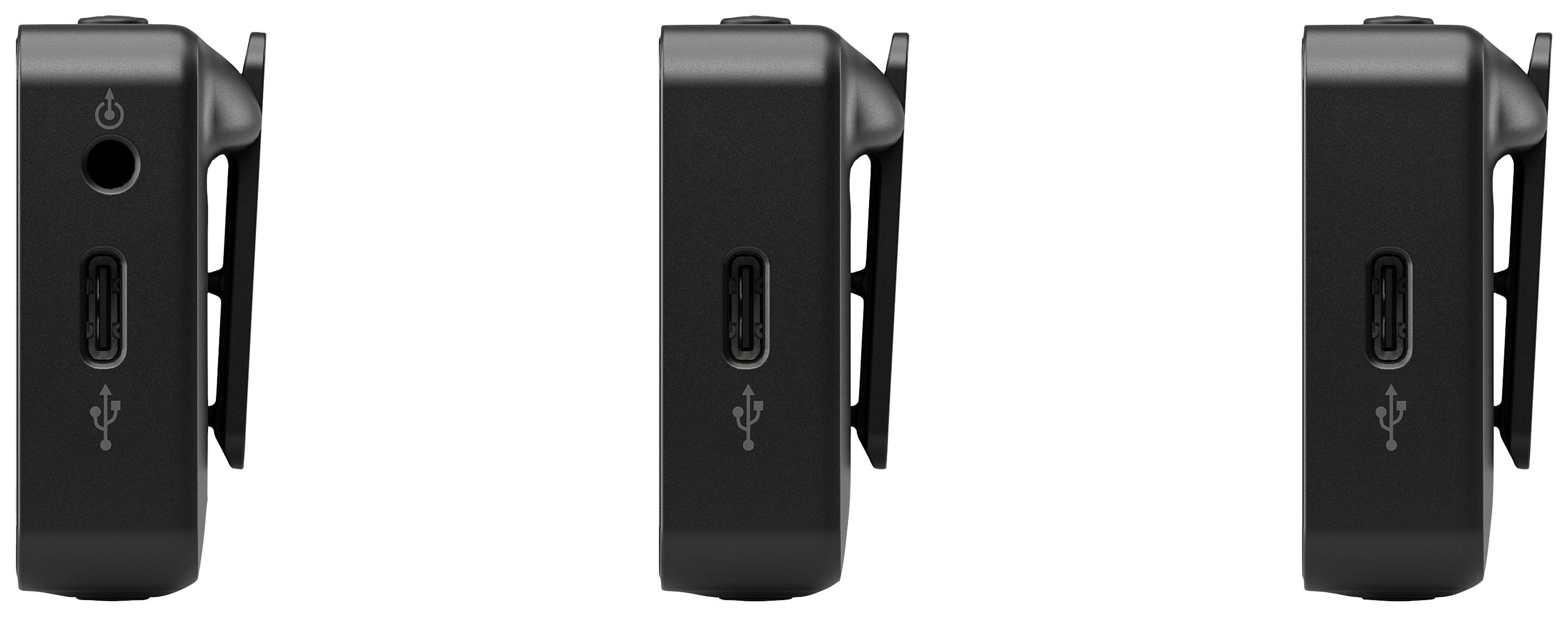 Ein schwarzes Gerät mit USB-Anschluss und Netzschalter an der Seite, abgebildet in drei verschiedenen Ansichten.