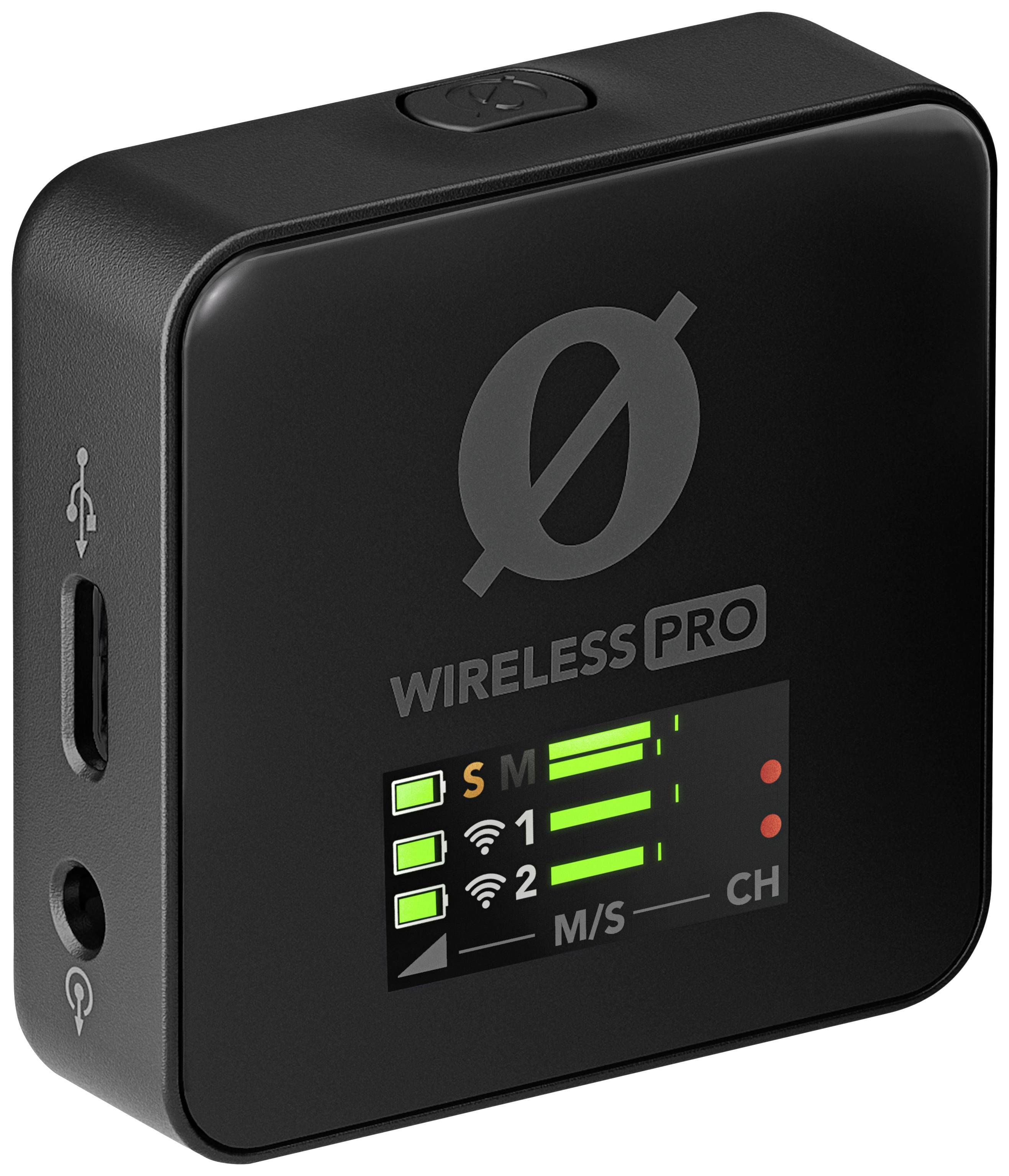 Schwarzes drahtloses Audio-Gerät mit LED-Anzeigen für Verbindungsstatus, zwei Kanäle und USB-Anschluss.