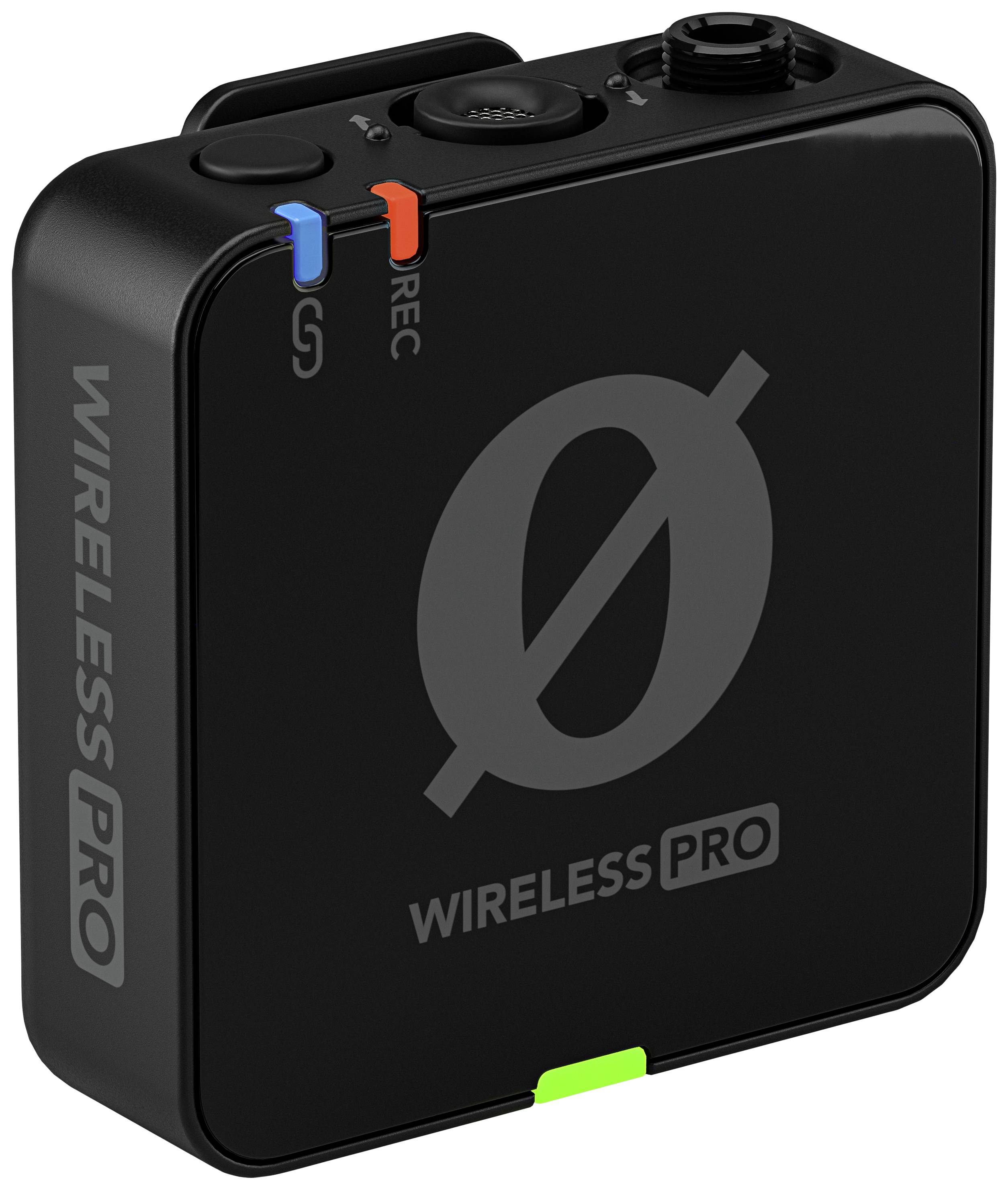 Schwarzes, quadratisches drahtloses Mikrofon mit 'WIRELESS PRO'-Logo, blauen und roten Anschlüssen, kompakt und tragbar.