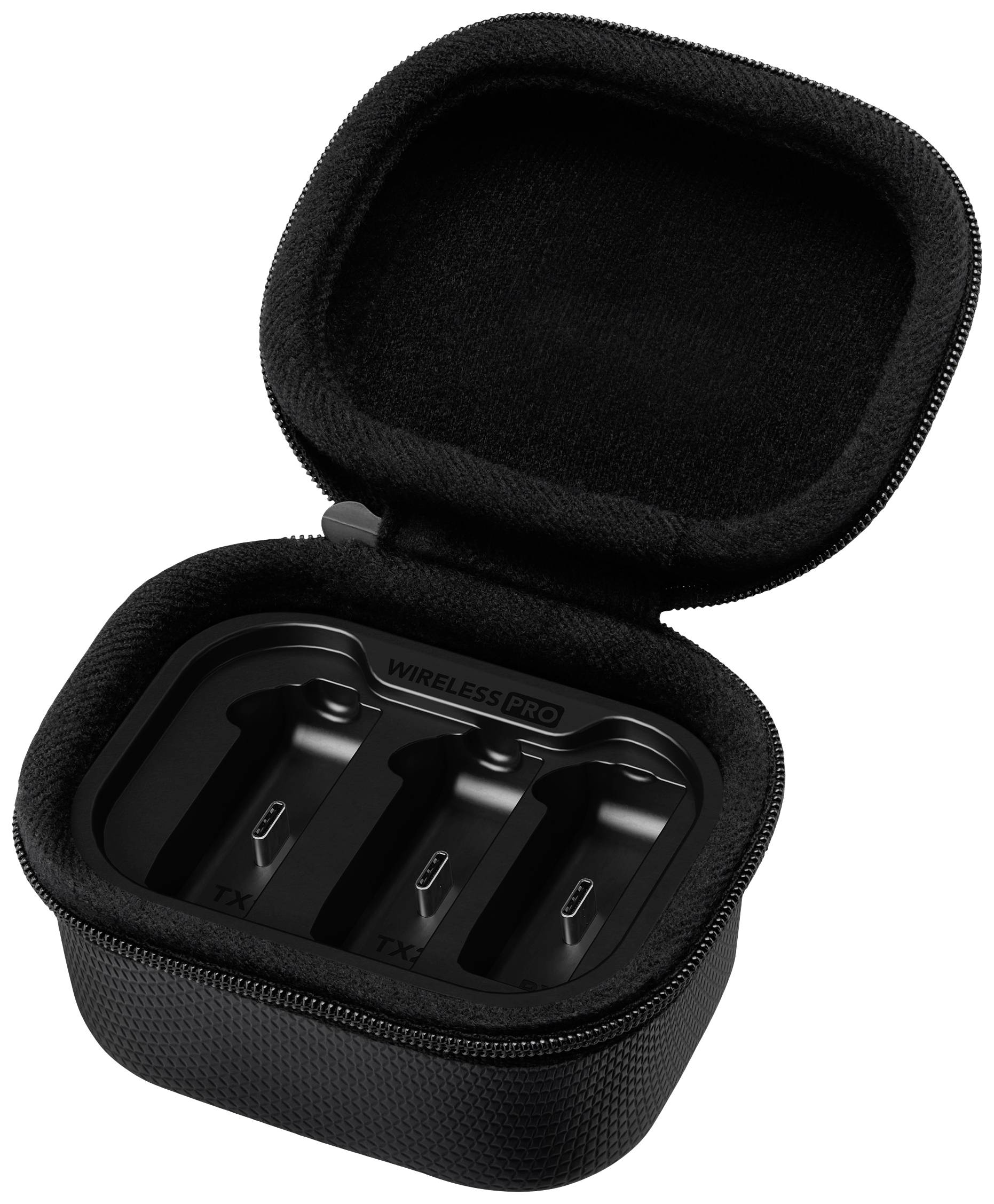 Schwarzes Etui mit geöffnetem Deckel, das drei Halterungen für drahtlose Sendeeinheiten zeigt.