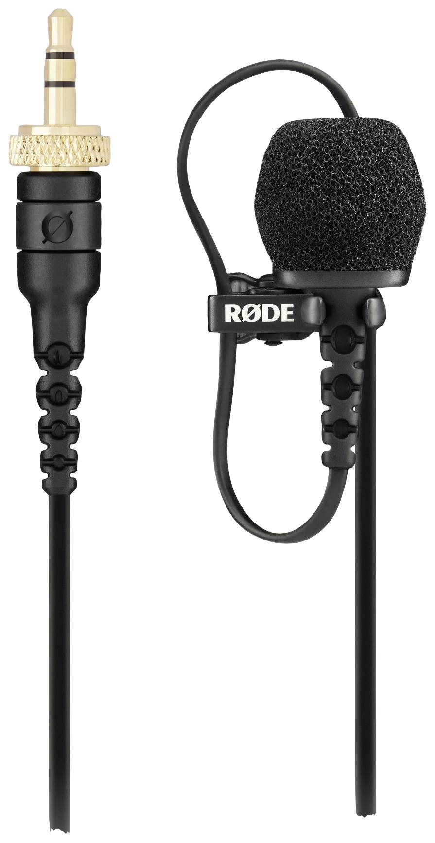 Ein kleines schwarzes Lavalier-Mikrofon mit Windschutz und 3,5-mm-Stecker, ideal für klare Audioaufnahmen bei Interviews oder Präsentationen.