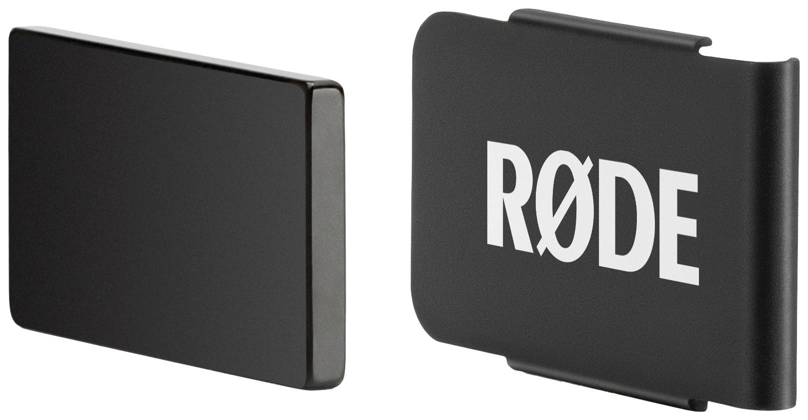 Zwei magnetische Clips, einer davon mit dem 'RØDE'-Logo. Sie werden zur Befestigung an Mikrofonen verwendet.