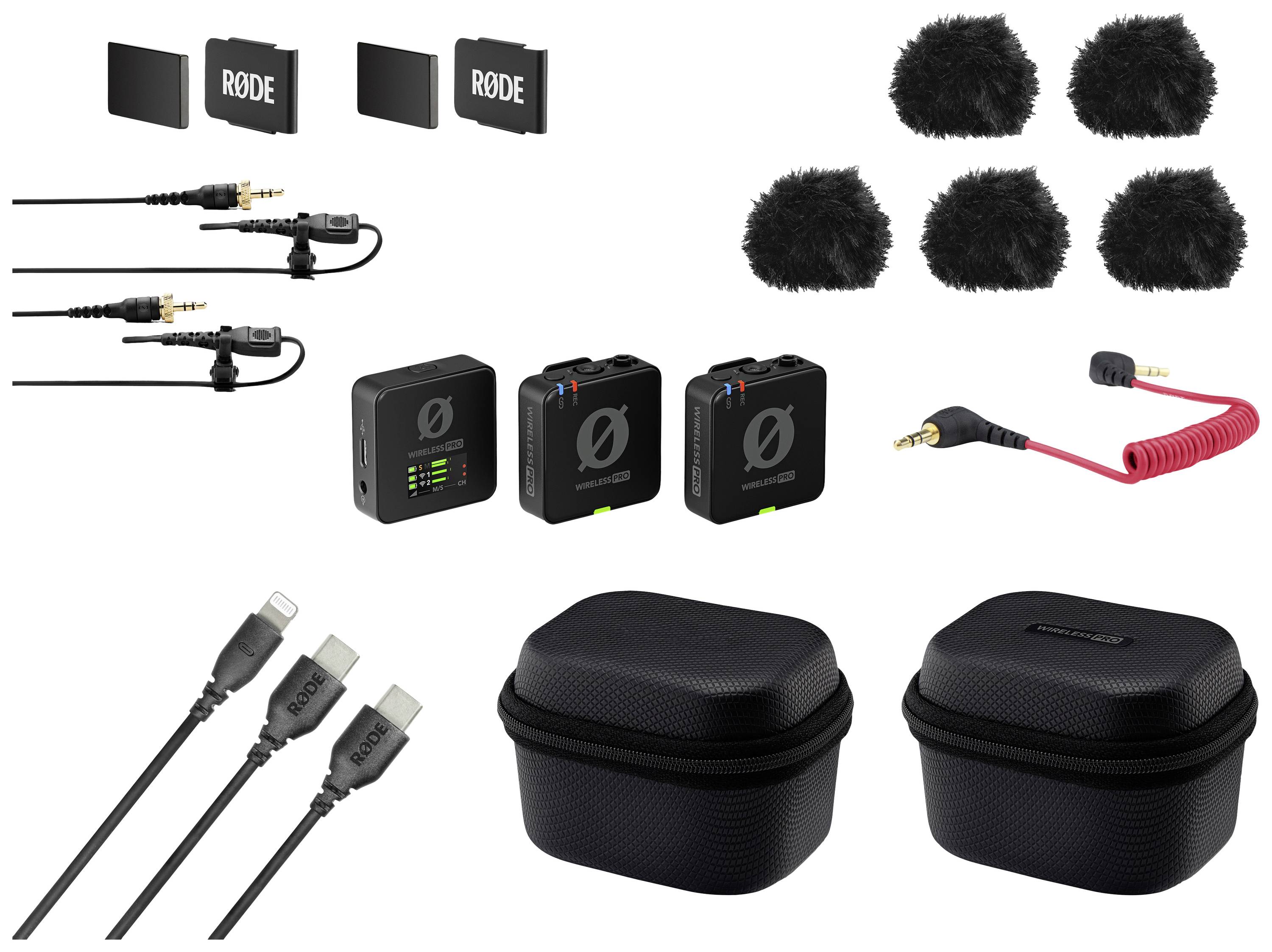 Abgebildet ist ein mikrofonaufnahme-set mit mikrofonen, windschutz, kabeln und zwei transporttaschen, geeignet für audioaufnahmen.