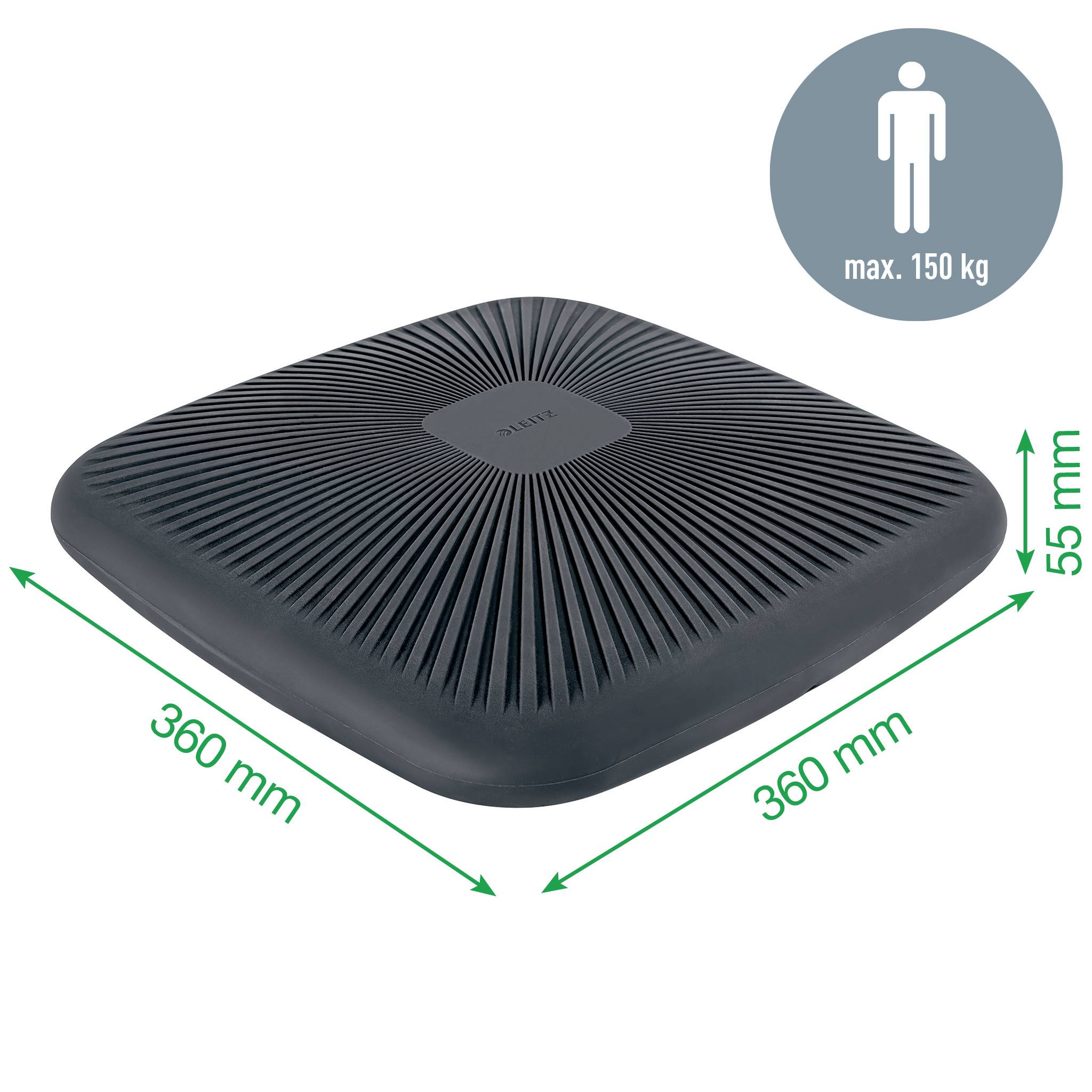 Schwarzes, quadratisches Balancekissen mit Rillen, Abmessungen: 360 x 360 x 55 mm, maximale Belastung 150 kg.