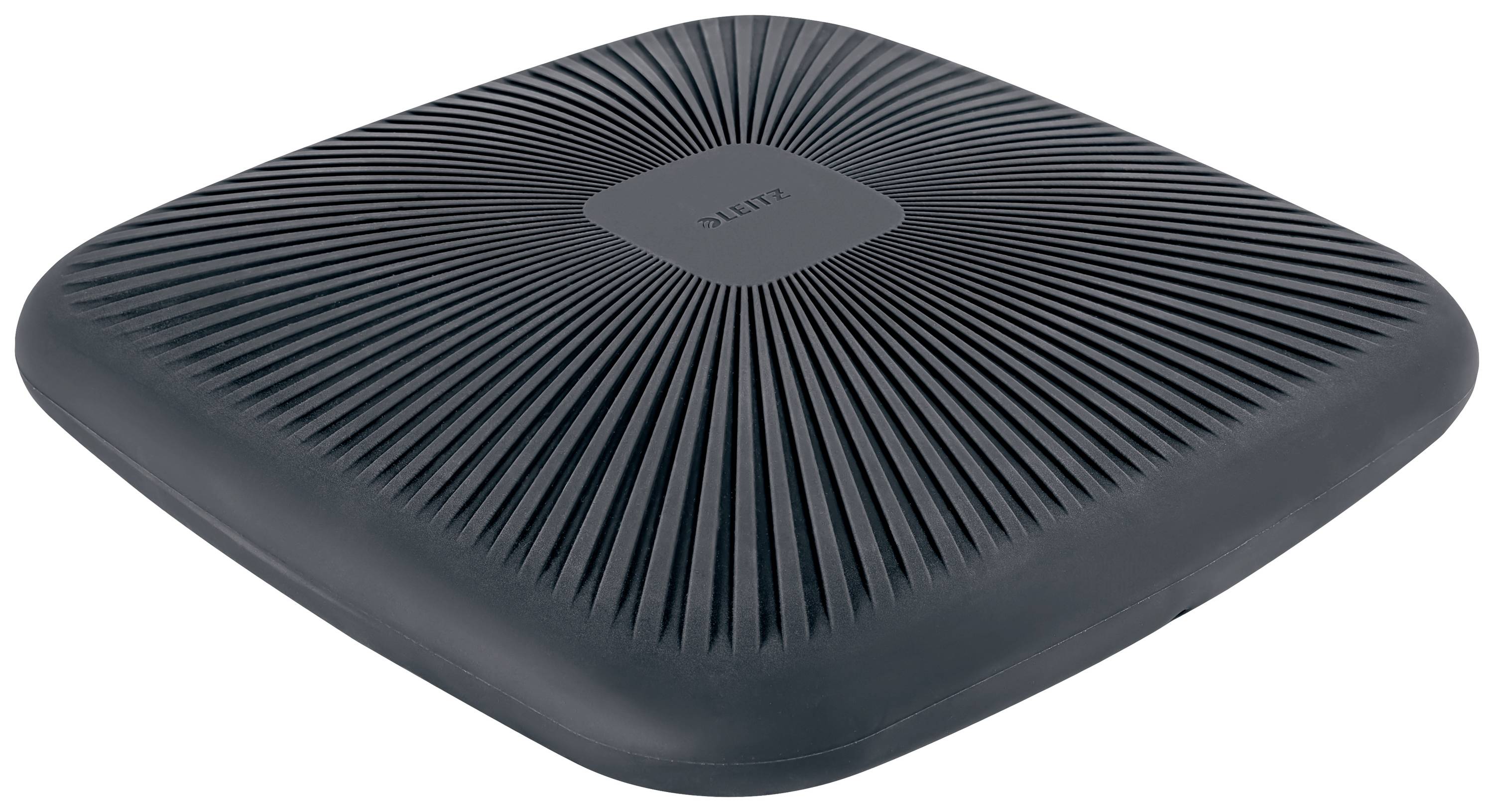 Ein schwarzes Balancekissen mit geripptem Muster, das Gleichgewicht und Körperhaltung verbessert. Geeignet für Übung oder Sitzkomfort.