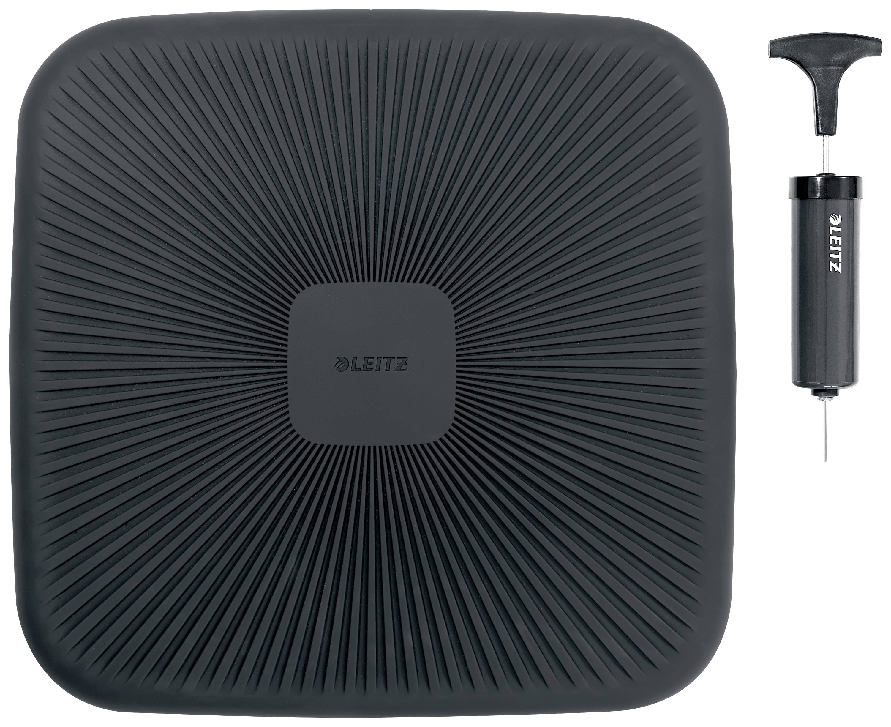 Schwarzes, quadratisches Balancekissen mit Pumpe, von Marke 'Leitz'. Geeignet für ergonomisches Sitzen und Gleichgewichtsübungen.