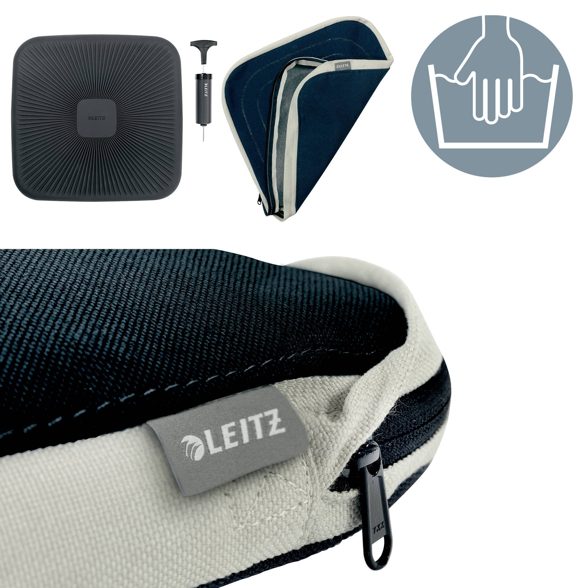 Sitzkissen von der Marke Leitz, schwarz mit grauem Rand. Beiliegend eine Luftpumpe. Symbol für Handwäsche in der Abbildung.