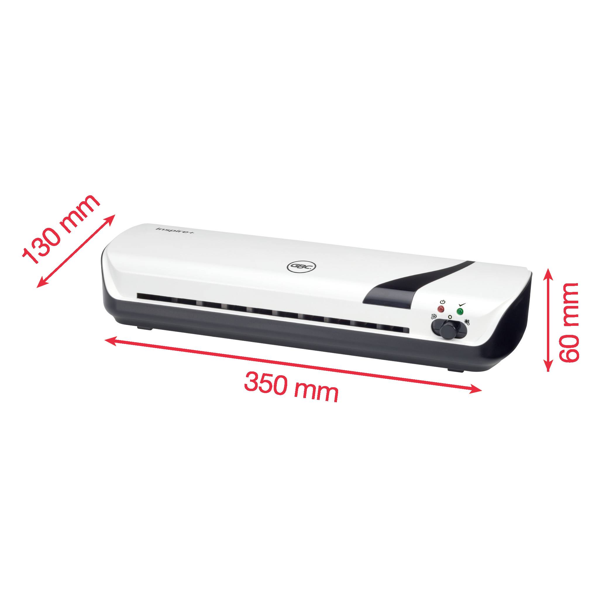 Schwarz-weißer Laminator mit den Abmessungen 350 mm (Breite), 130 mm (Tiefe) und 60 mm (Höhe). Auf der Oberseite befinden sich Bedienknöpfe.