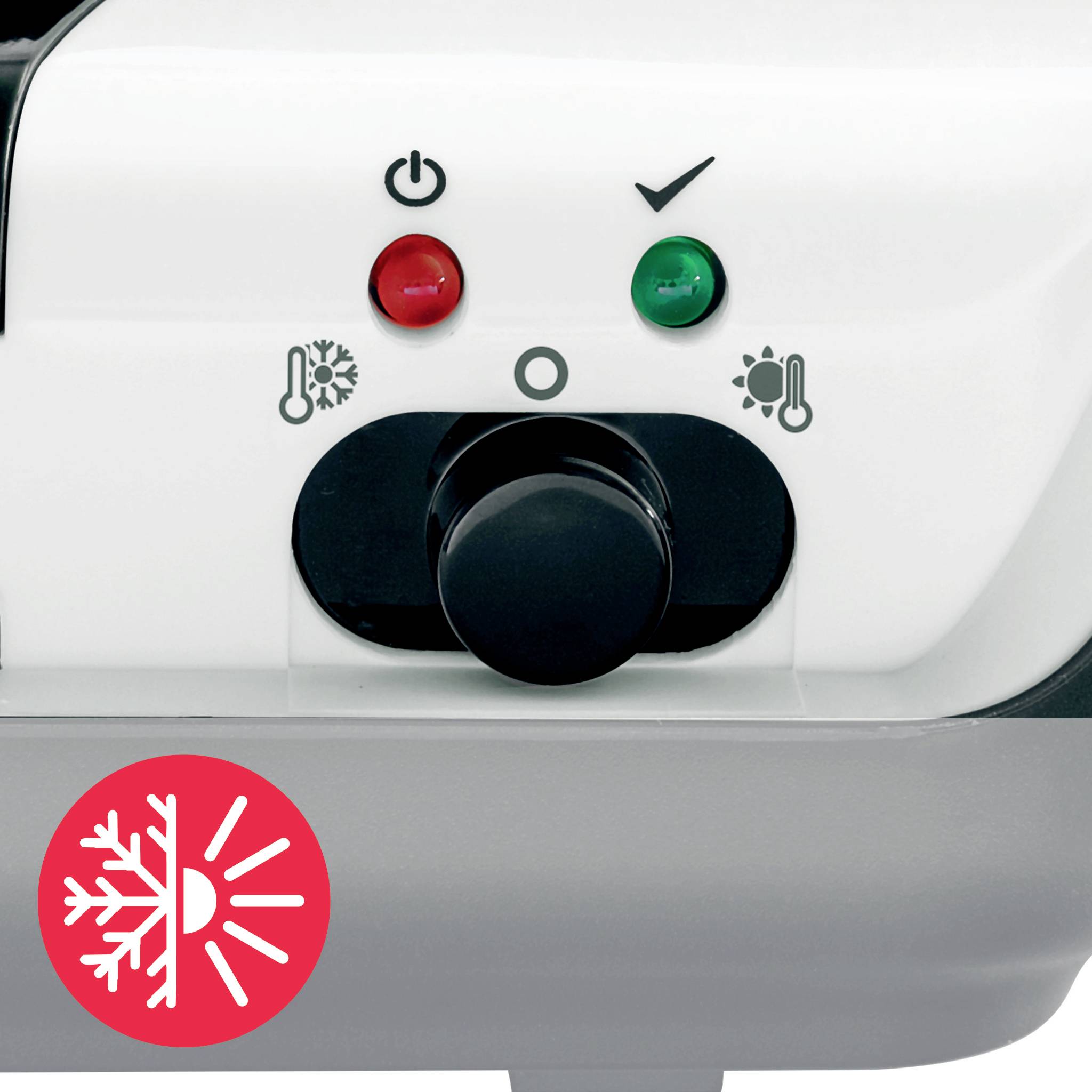 Bedienfeld eines Küchengeräts mit Drehknopf. Oben befinden sich Symbole für Kühlen und Heizen mit Kontrollleuchten.