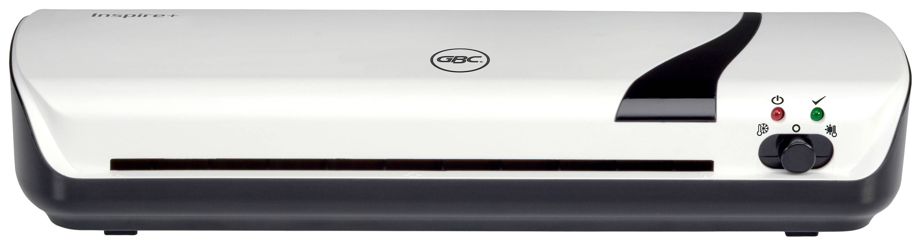 Heißlaminator in grauem Design mit Ein-/Ausschalter und Kontrollleuchten auf der rechten Seite, geeignet für A4-Dokumente.