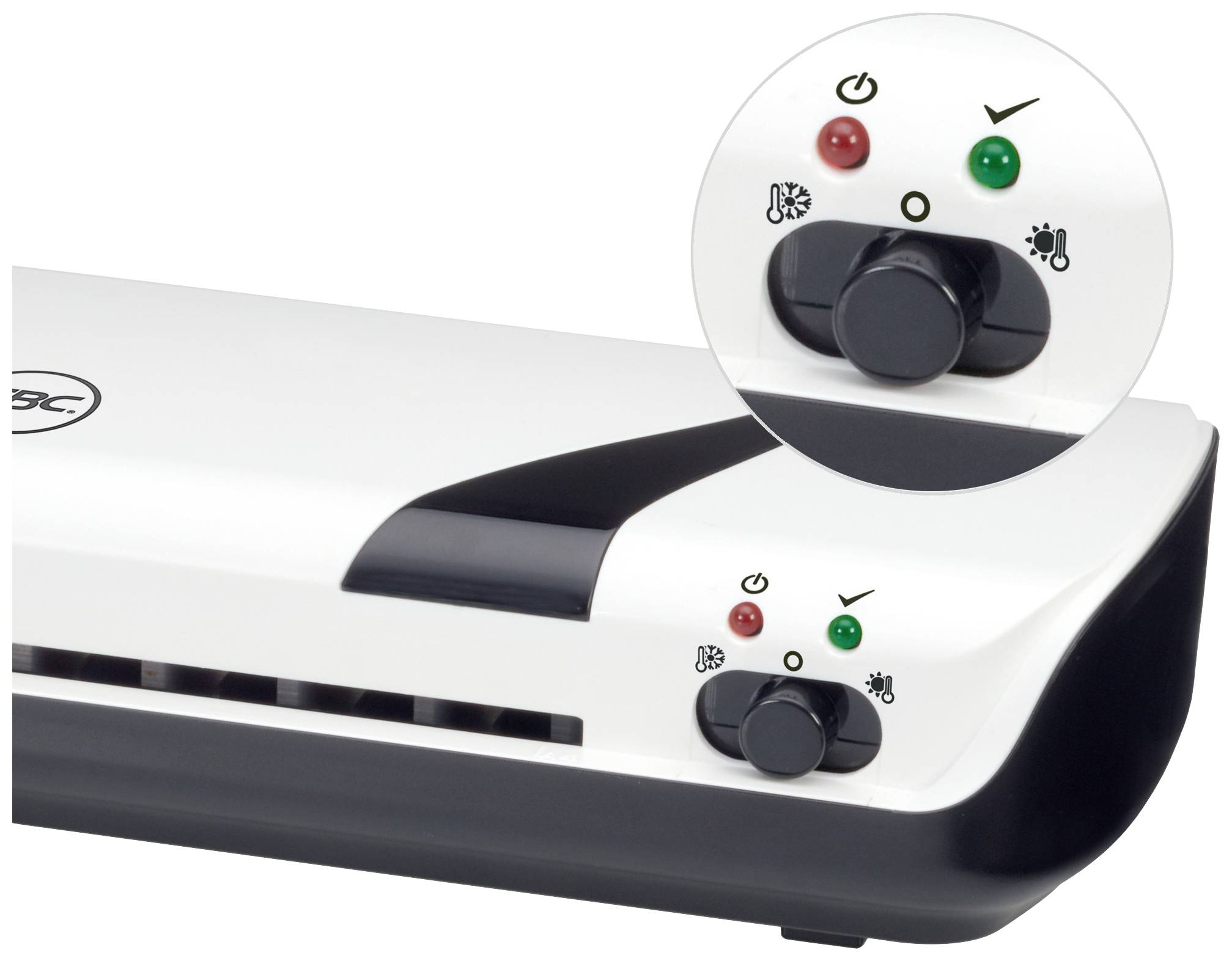 Ein weiß-schwarzes Laminiergerät mit zwei Tasten: Eine grüne Taste für Start und eine rote Taste für Stopp.