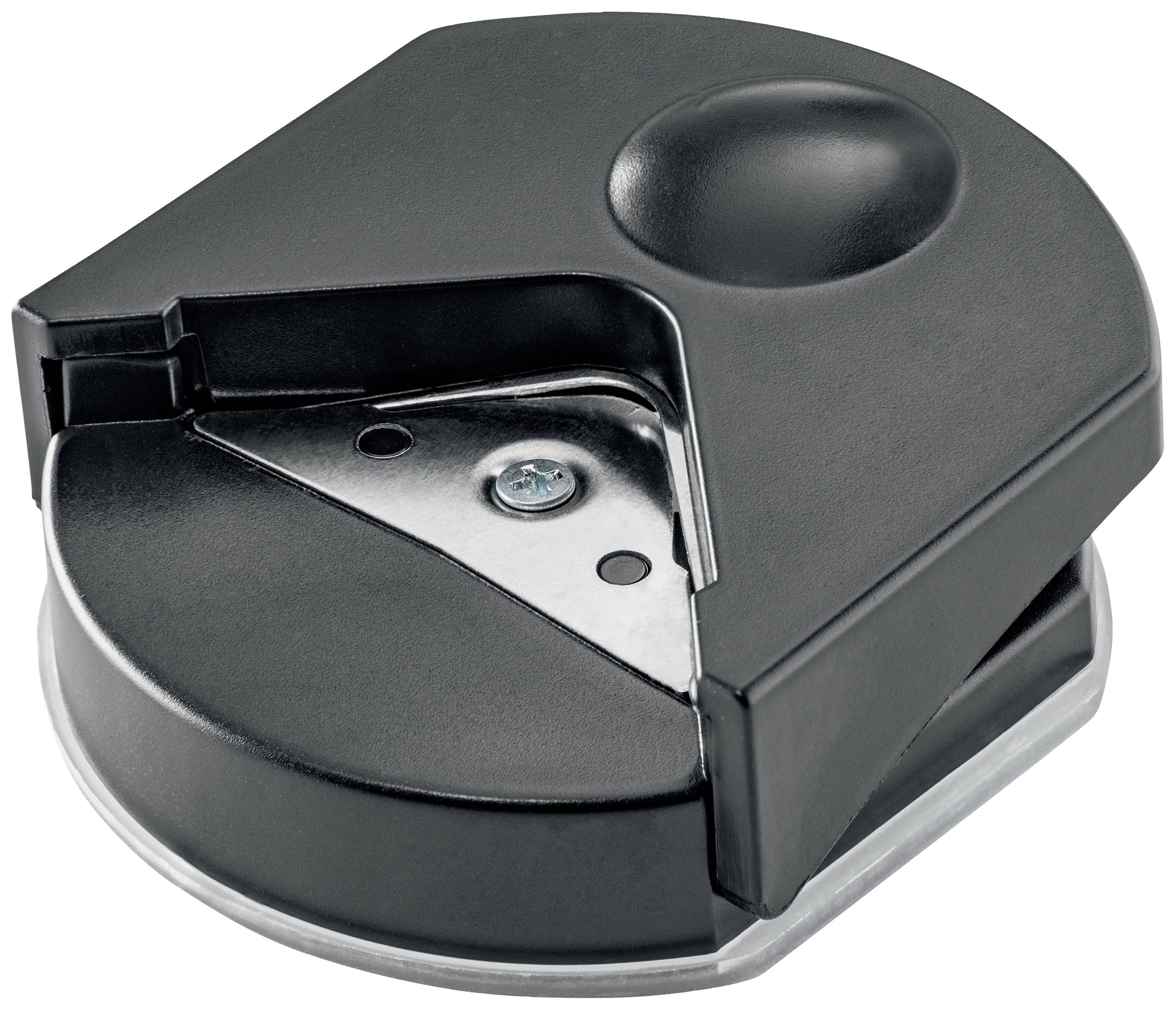 Runder schwarzer Eckenschneider mit Metallklinge und rundem Deckel. Verwendet, um abgerundete Ecken bei Papier zu schneiden.