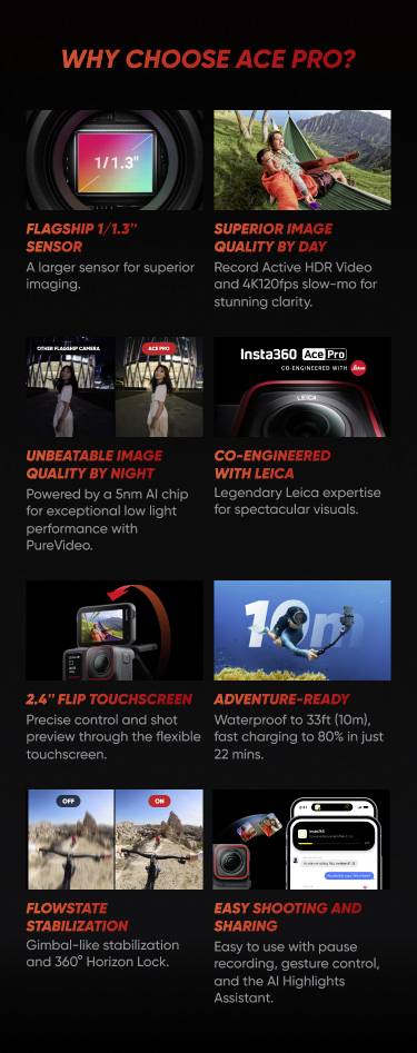 Insta360 Ace Pro Action Cam 8K, 4K, 2.7K, Full-HD, Zeitlupe, Zeitraffer, Touch-Screen, Bluetooth, WLAN, Wasserfest