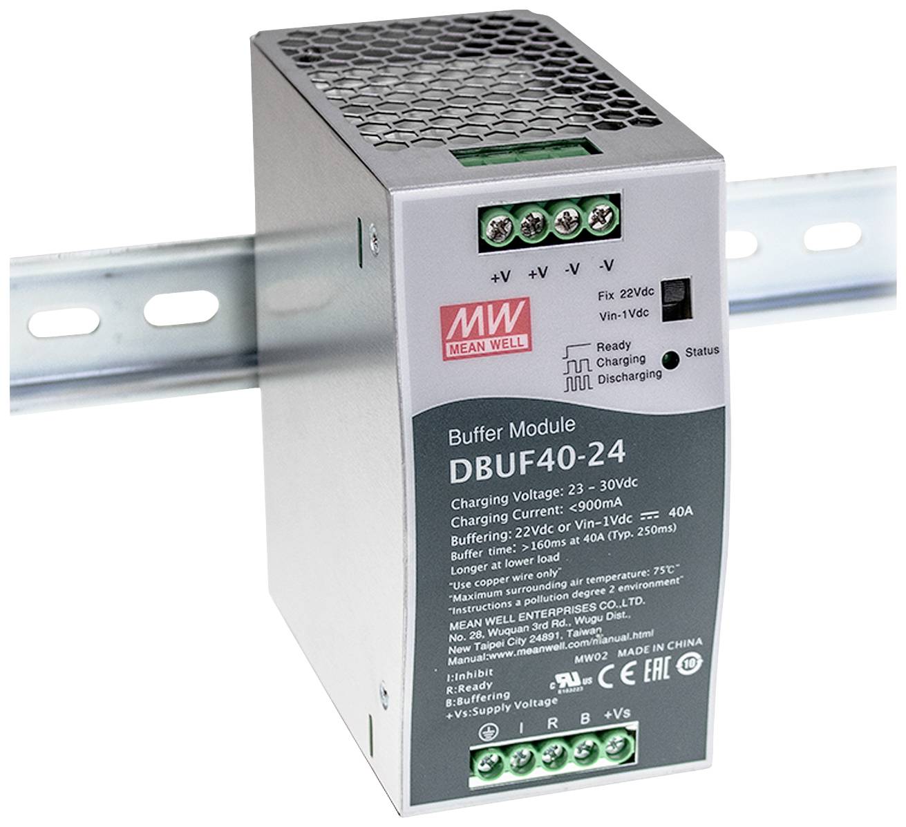 Ein graues Puffer-Modul mit der Aufschrift 'Mean Well DBUF40-24', installiert auf einer Metallschiene. Es zeigt Spannung und Stromstärke.