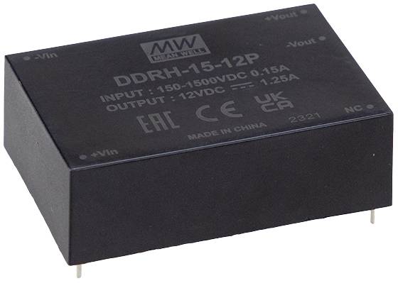 Schwarze elektronische Komponente mit Aufschrift: DDRH-15-12P, Eingabe: 150-1500VDC 0,15A, Ausgabe: 12VDC 1,25A.