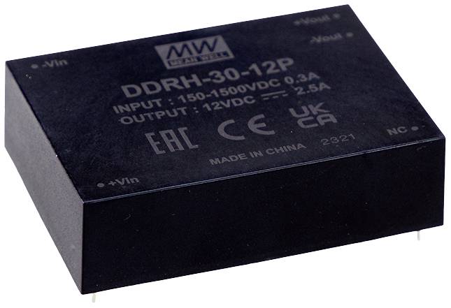 Ein rechteckiges elektrisches Bauteil mit der Aufschrift 'DDRH-30-12P', enthält Angaben zu Eingangs- und Ausgangsspannung.