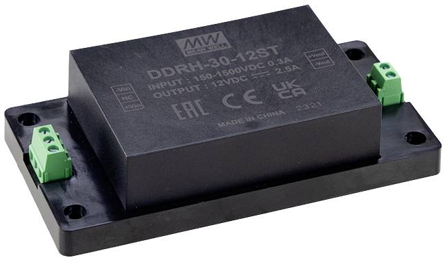 Schwarzes elektrisches Modul mit grünen Anschlüssen an den Seiten. Aufschrift zeigt: 'Eingang: 150-1500VDC, Ausgang: -12VDC'.