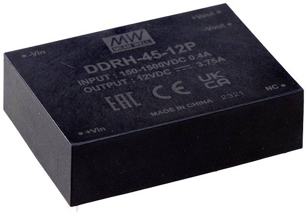 Schwarzes, rechteckiges Netzteil-Modul mit Aufdruck: 'DDRH-45-12P', Eingang: '1500 VDC', Ausgang: '12 VDC'. Markenlogo oben.