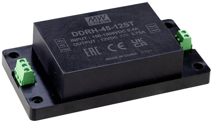 Schwarzes elektronisches Modul mit Beschriftung 'DDRH-45-12ST', zeigt Eingangs- und Ausgangsspannung, hergestellt in China.