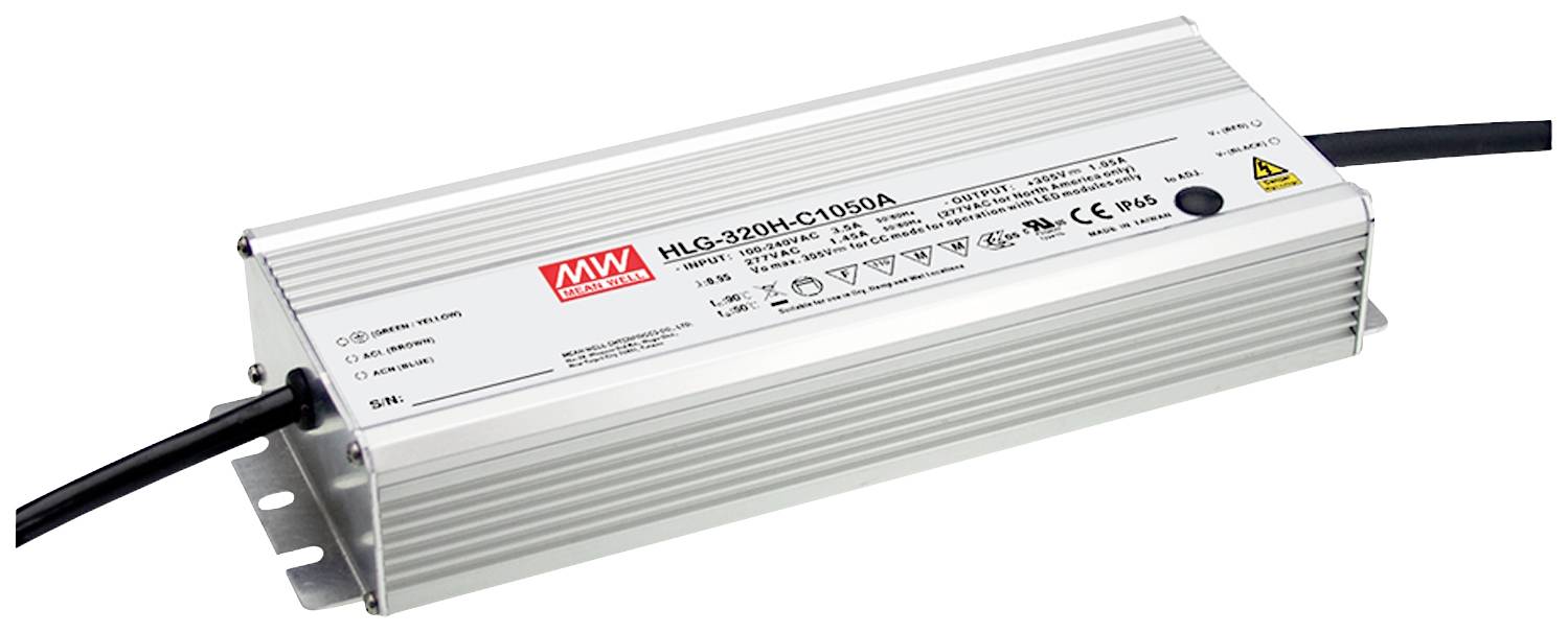 Metallischer LED-Treiber der Marke 'Mean Well', Modell HLG-320H-C1050A, mit technischen Spezifikationen und Sicherheitszertifizierungen.