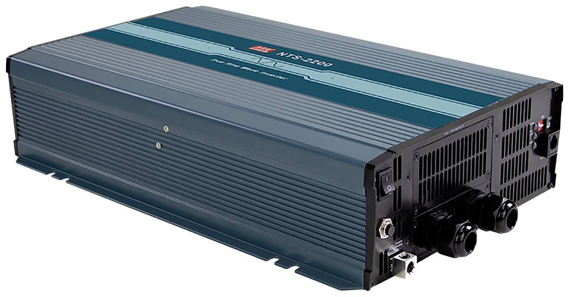 Ein blauer Spannungswandler mit Kühlrippen und mehreren Anschlüssen an der Rückseite, geeignet zur Umwandlung von Gleichstrom in Wechselstrom.