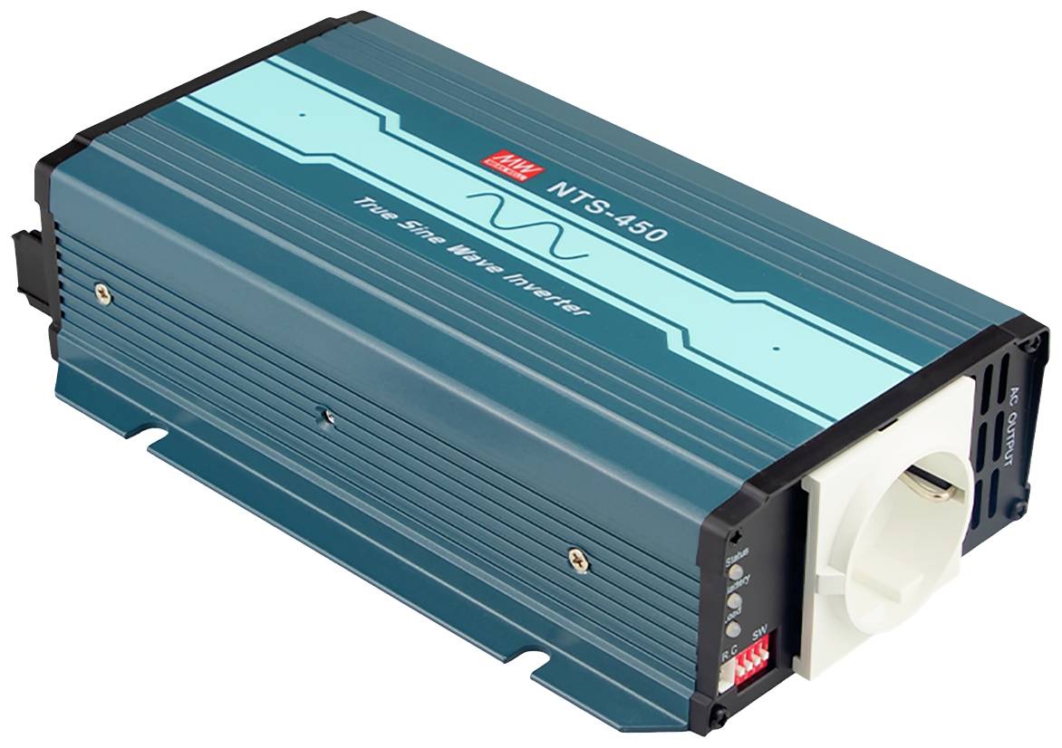 Blauer Spannungswandler mit der Aufschrift 'NTS-450 True Sine Wave Inverter', zeigt Steckdose und Anschlussmöglichkeiten.