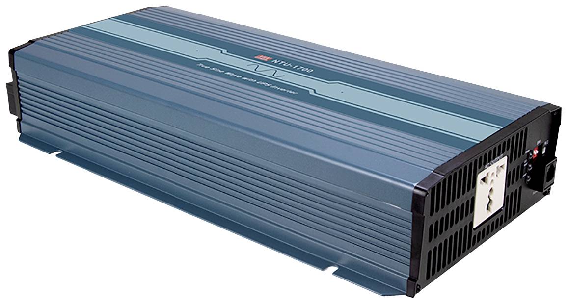 Blauer Wechselrichter mit Kühlrippen, Steckdose und Anschlüssen, geeignet zur Umwandlung von Gleichstrom in Wechselstrom für elektronische Geräte.