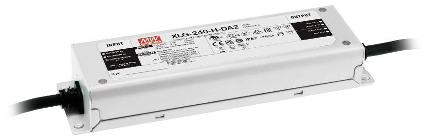 Ein rechteckiges elektronisches Gerät mit der Aufschrift 'XLG-240-H-DA2', mehreren technischen Spezifikationen und Kabelanschlüssen.