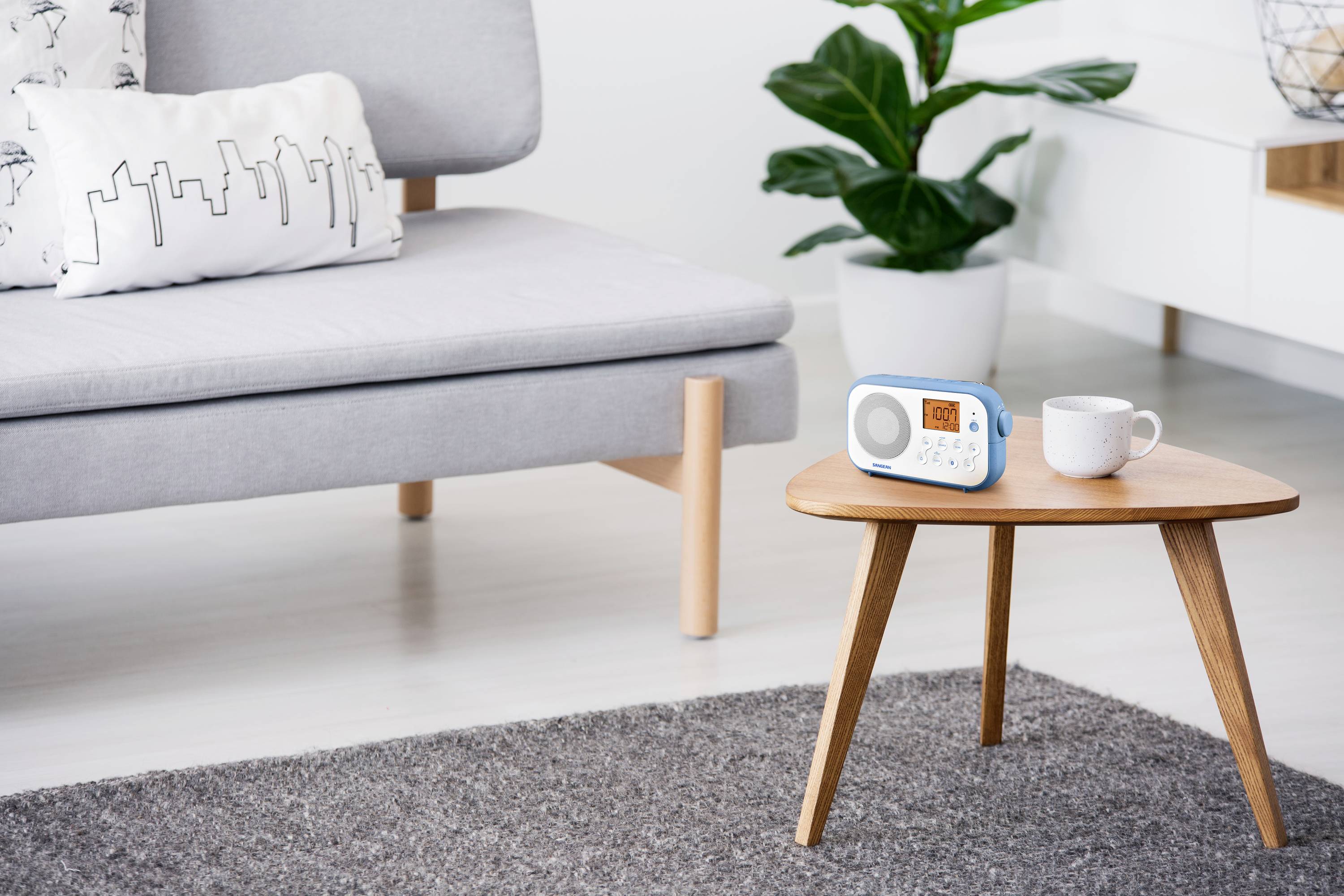 Ein kleines Tischradio steht auf einem Holztisch neben einer Tasse in einem modern eingerichteten Wohnzimmer mit Sofa und Pflanze.