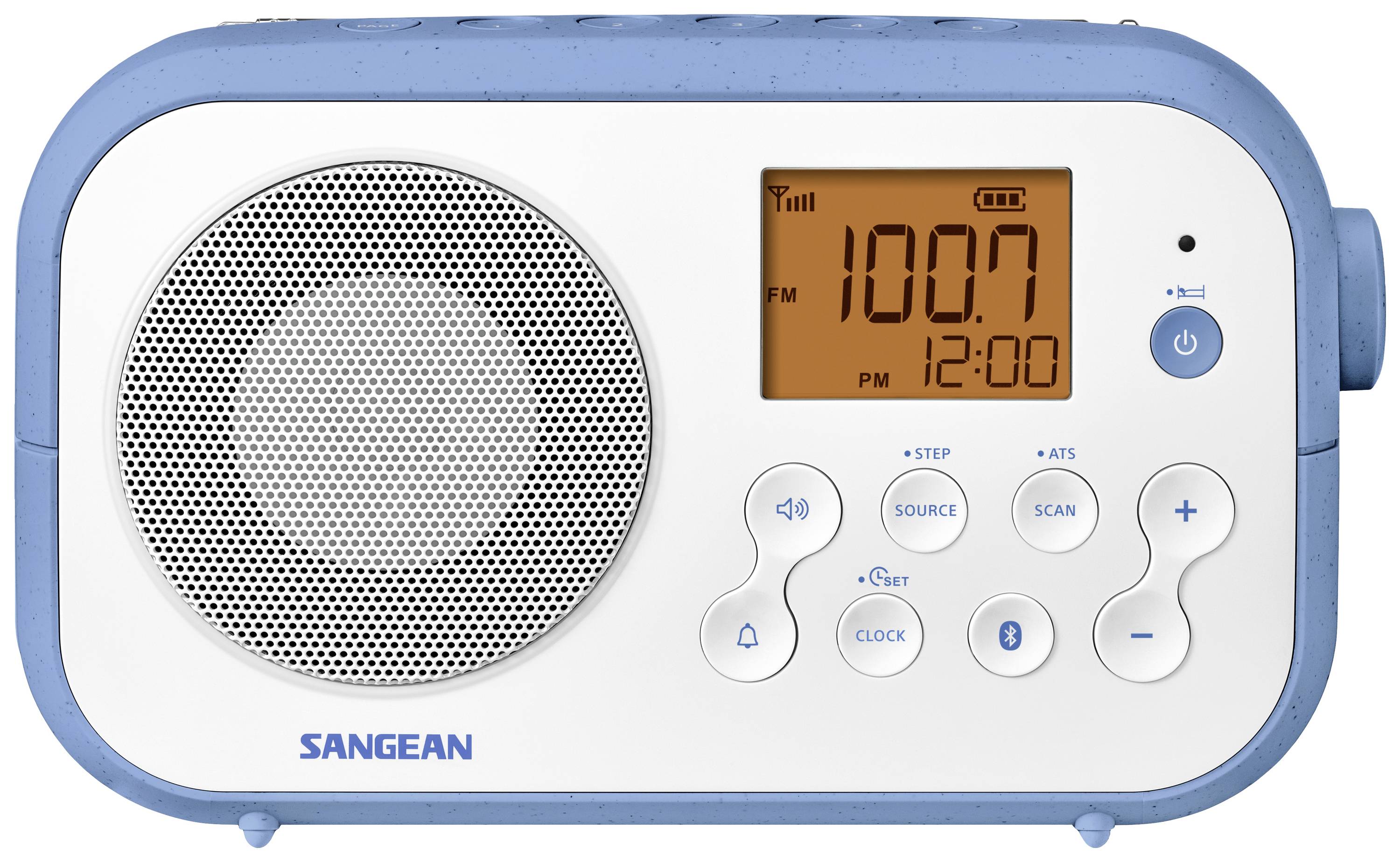 Ein tragbares Radio mit blauem Rand, Lautsprecher links und Display rechts, zeigt '100.7 FM' an. Tasten zur Bedienung darunter.