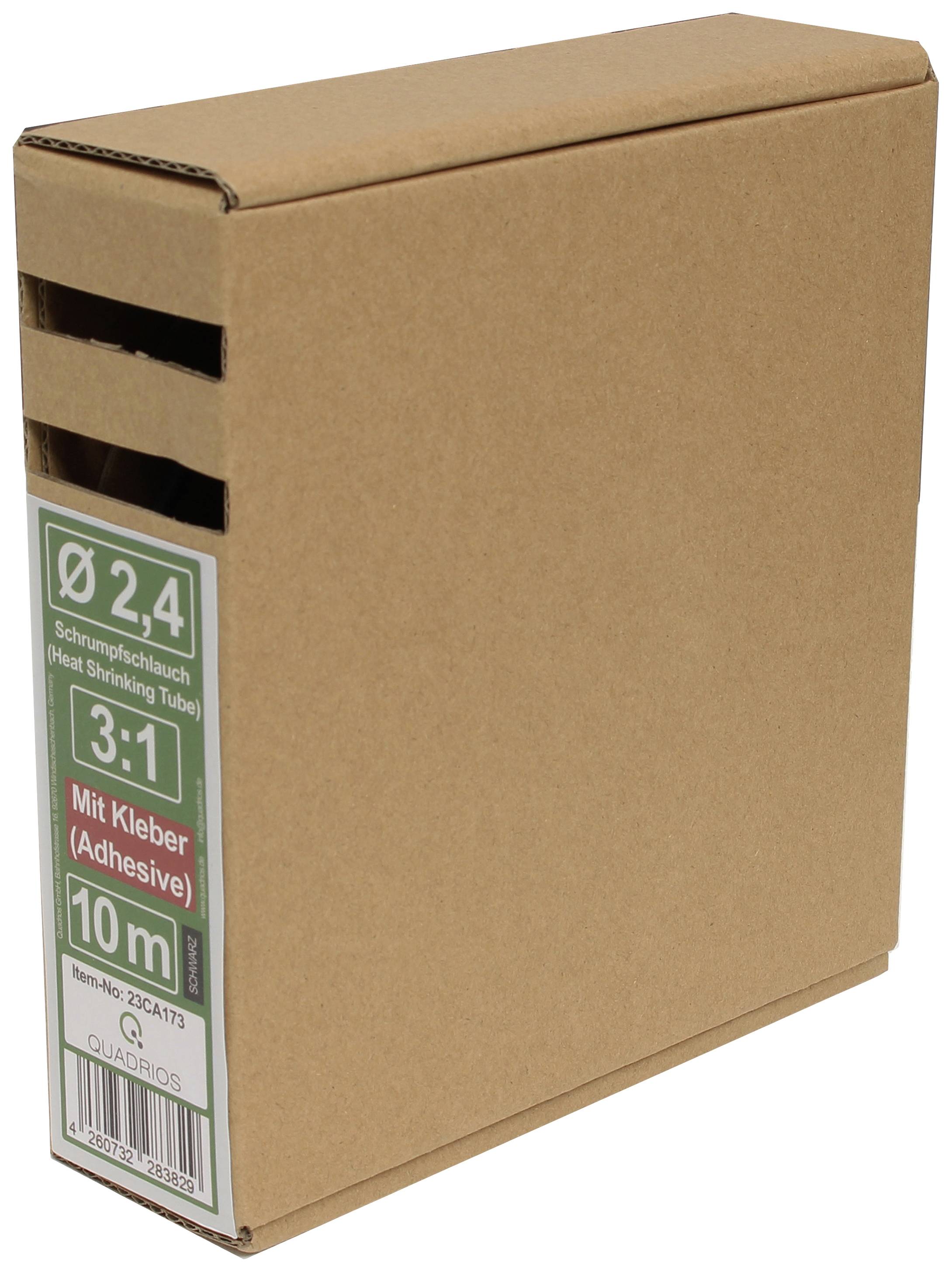 Kartonverpackung mit Etikett 'Ø 2,4 Schrumpfschlauch (Heat Shrinking Tube) 3:1 Mit Kleber (Adhesive) 10 m'.