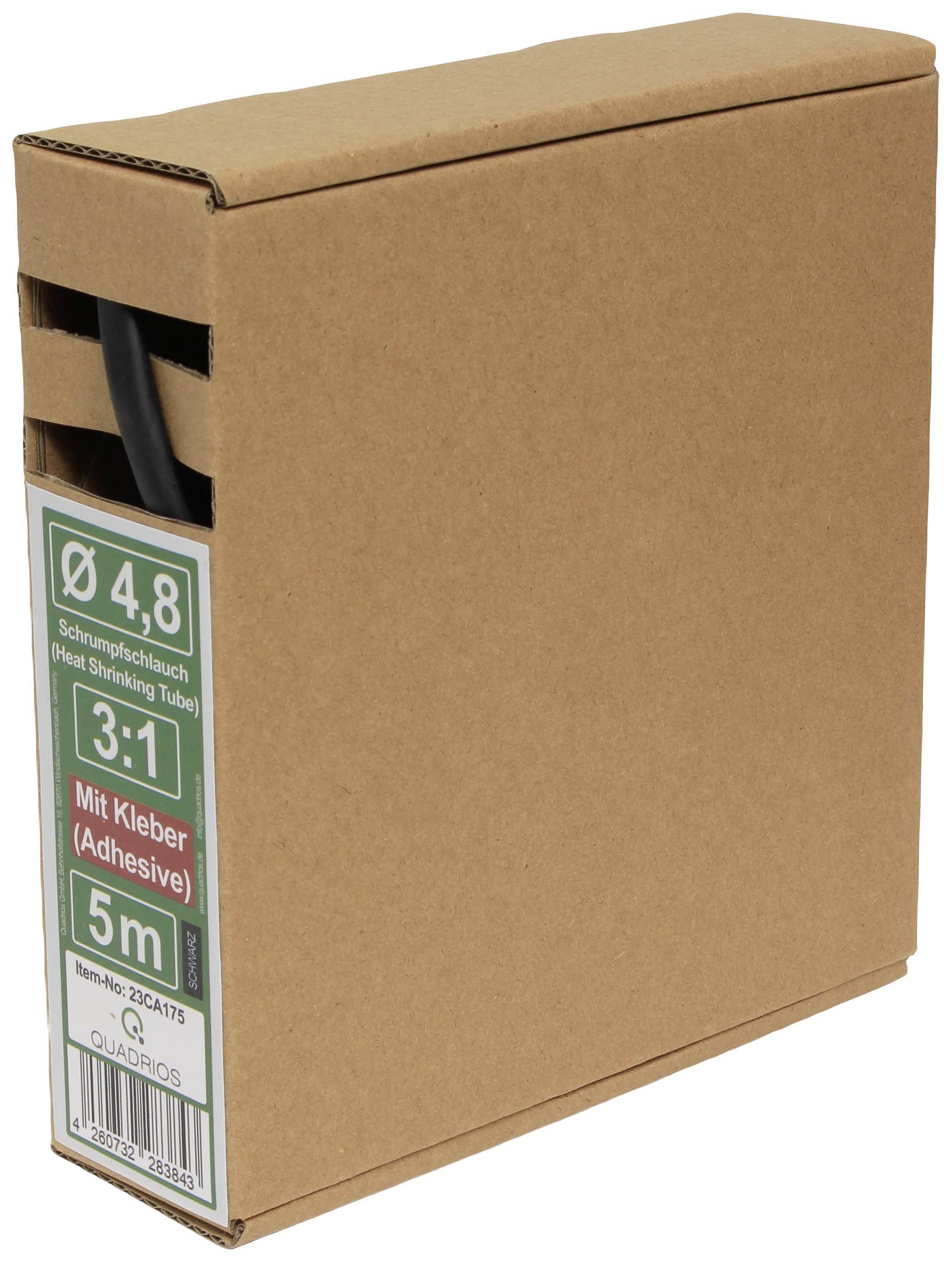 Rechteckige Pappverpackung mit Hitzeschrumpfschlauch. Etikett zeigt Details: Durchmesser 4,8 mm, Schrumpfrate 3:1, Länge 5 m, mit Kleber.