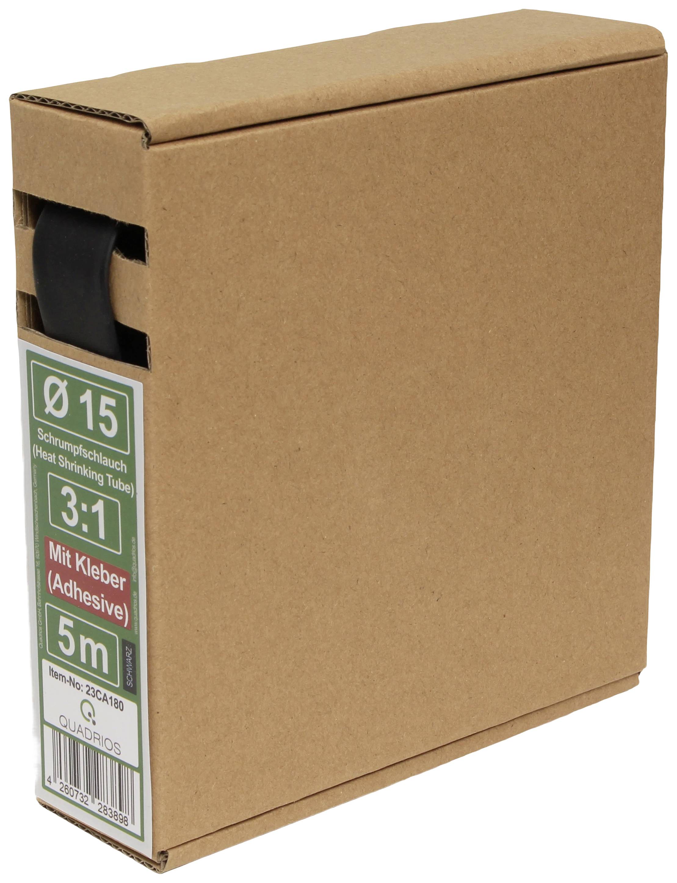 Rechteckige Pappbox mit einem Schrumpfschlauch, 5 Meter lang, Ø 15, Typ 3:1, mit Kleber. Aufdrucke: 'Schrumpfschlauch', 'Mit Kleber'.
