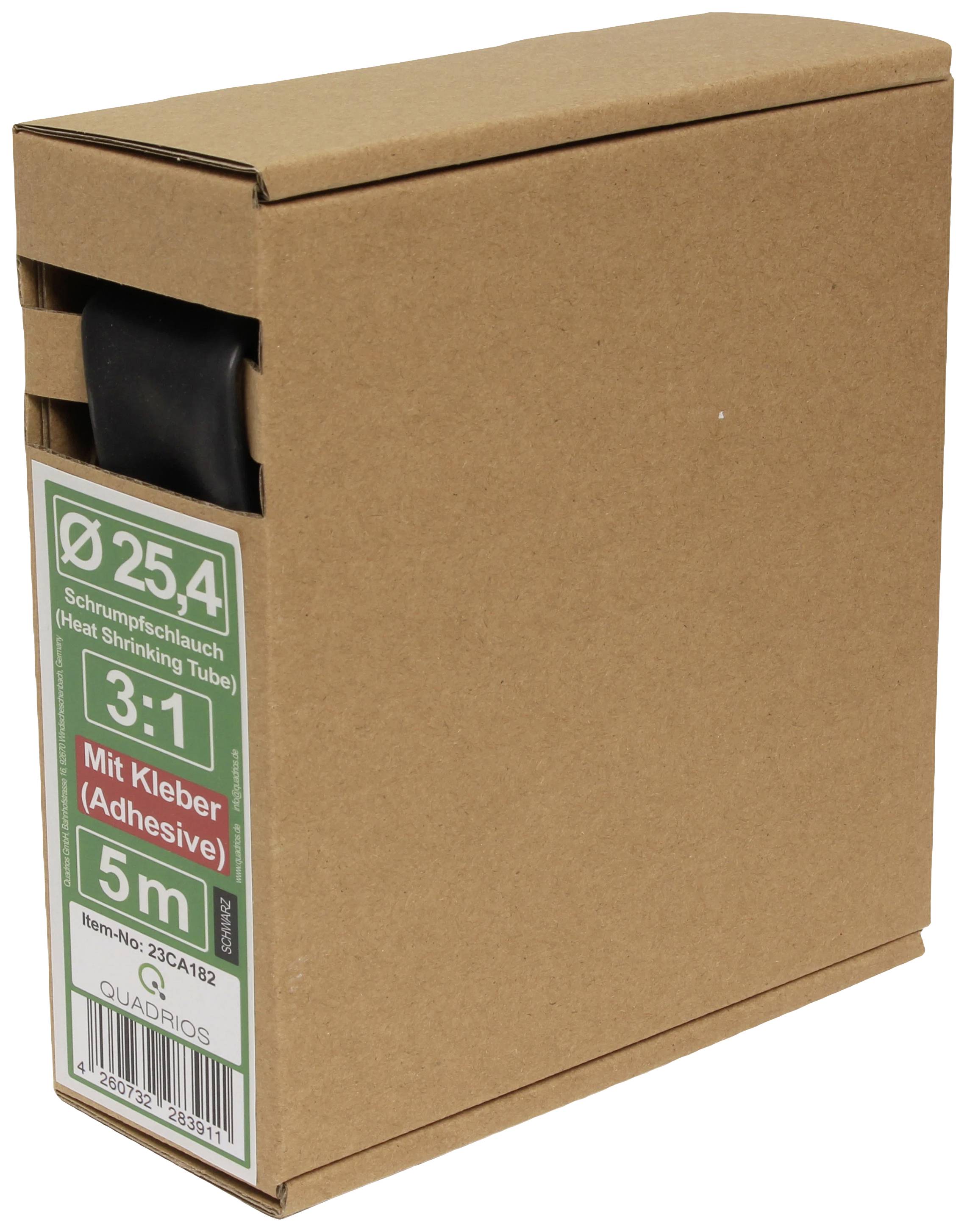 Kartonverpackung eines Schrumpfschlauchs mit den Angaben: Durchmesser 25,4 mm, Schrumpfrate 3:1, Länge 5 m, mit Kleber.