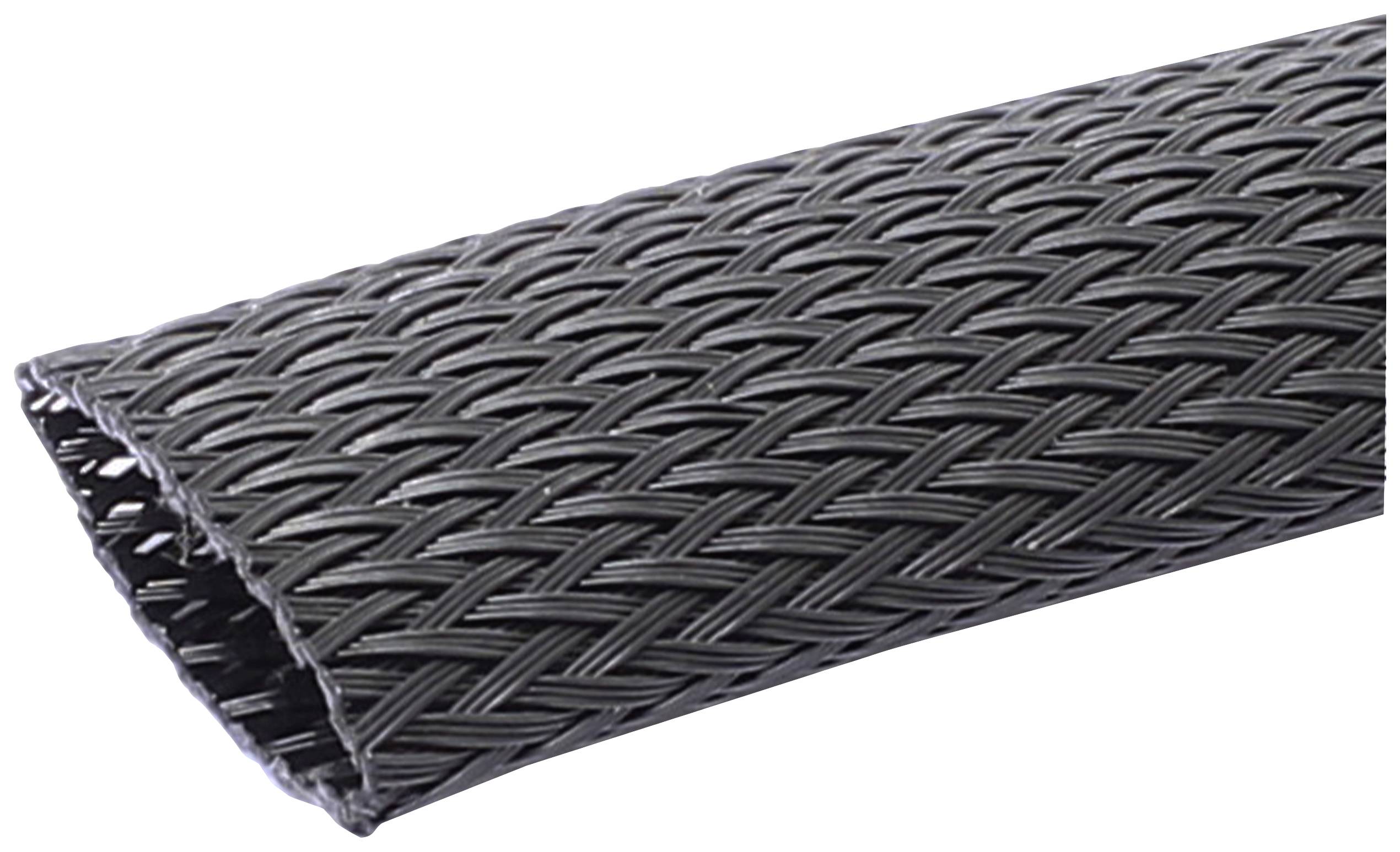 Ein geflochtenes schwarzes Kabelschutzrohr, das Kabel oder Schläuche umhüllt. Es bietet Flexibilität und Schutz vor Beschädigungen.