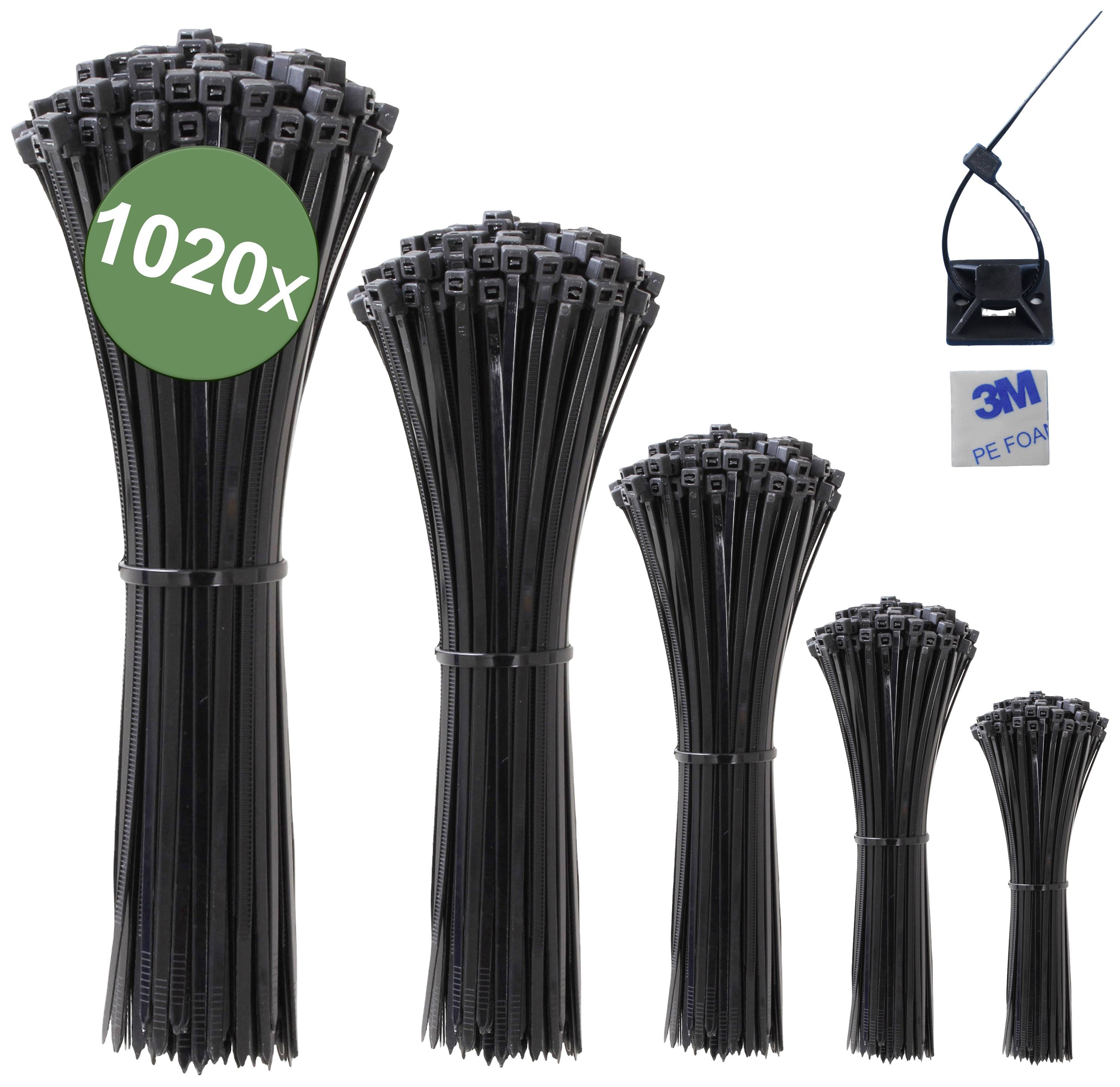 Schwarze Kabelbinder in vier Größen. Insgesamt 1020 Stück. Sauber aufgereiht. Zusätzlicher selbstklebender Kabelhalter inklusive.