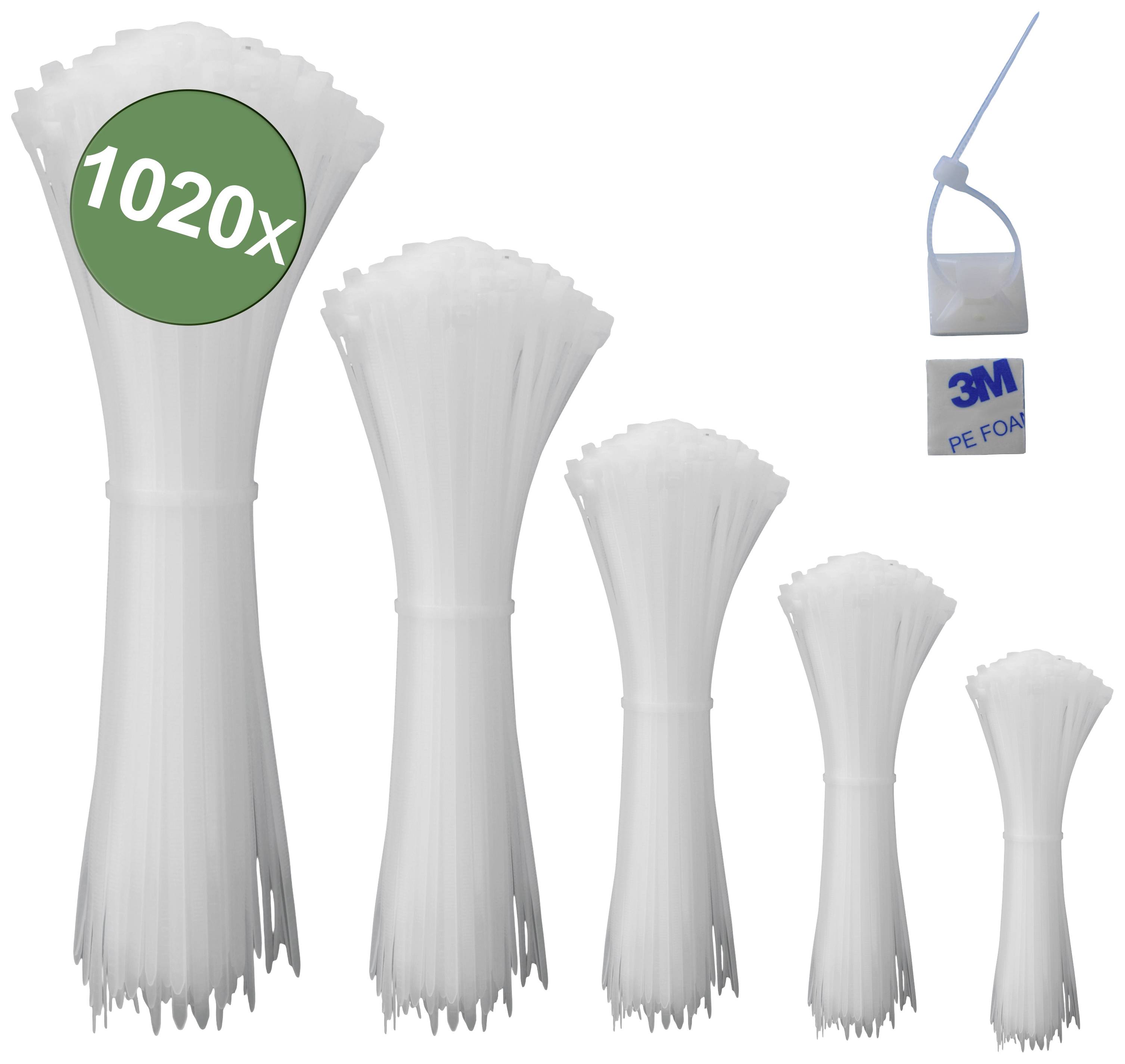 Fünf Bündel weißer Kabelbinder in verschiedenen Größen; ein Sticker zeigt '1020x'; daneben ein 3M PE Schaum-Stück mit Kabelbinder.