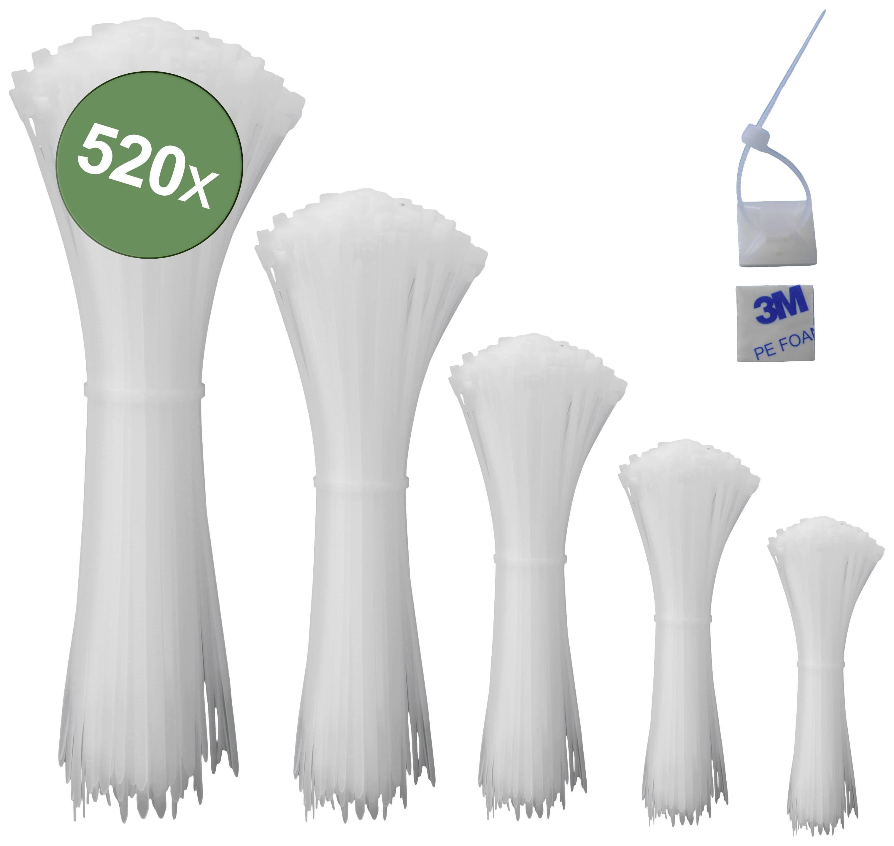 520 weiße Kabelbinder, sortiert nach Größe, stehend. Oben rechts: weißer Kabelhalter mit '3M PE FOAM'-Aufkleber.