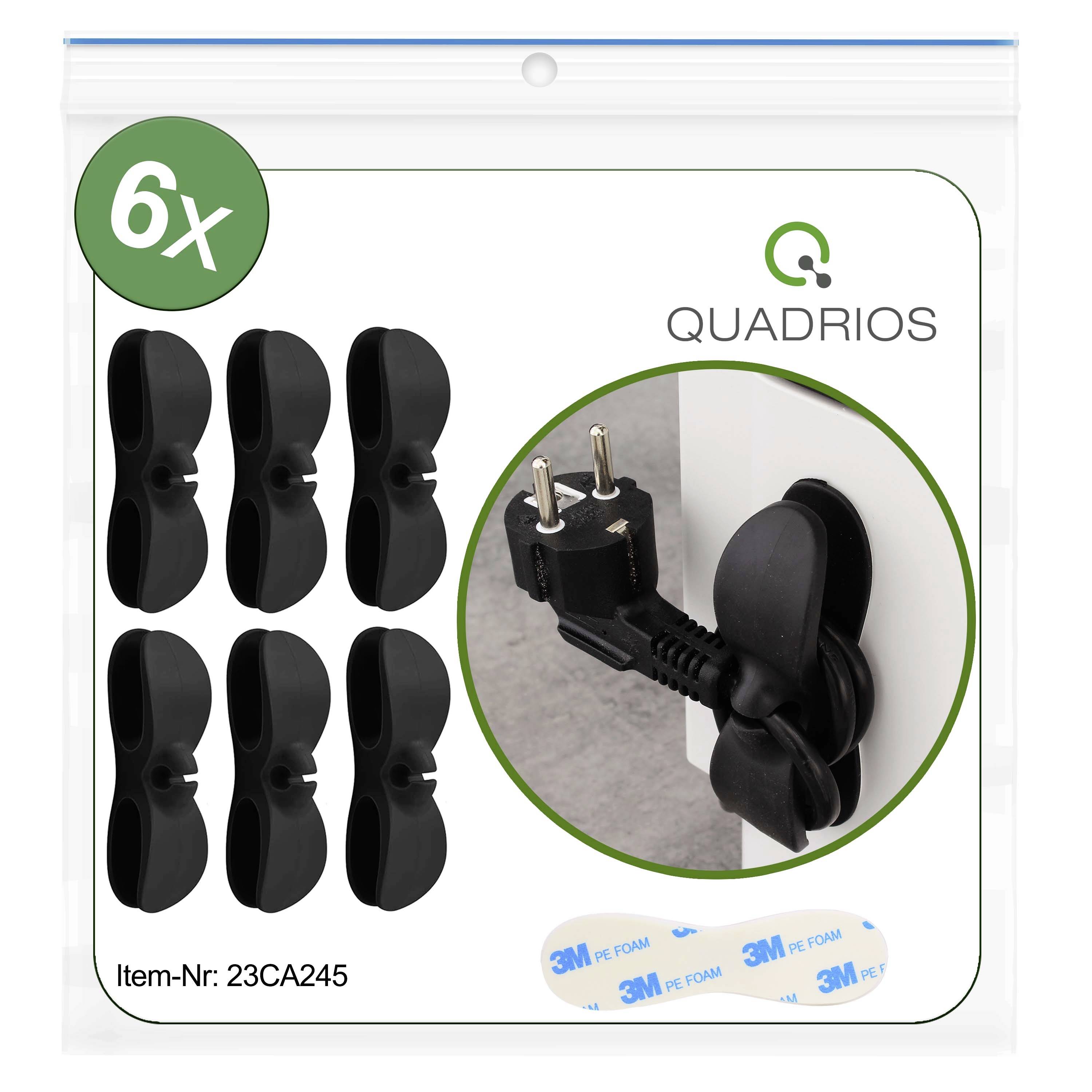 Sechs schwarze Kabelhalter, eine 3M-Klebefläche und ein fixiertes Kabel mit Stecker, verpackt in einer transparenten Hülle. Item-Nr: 23CA245.