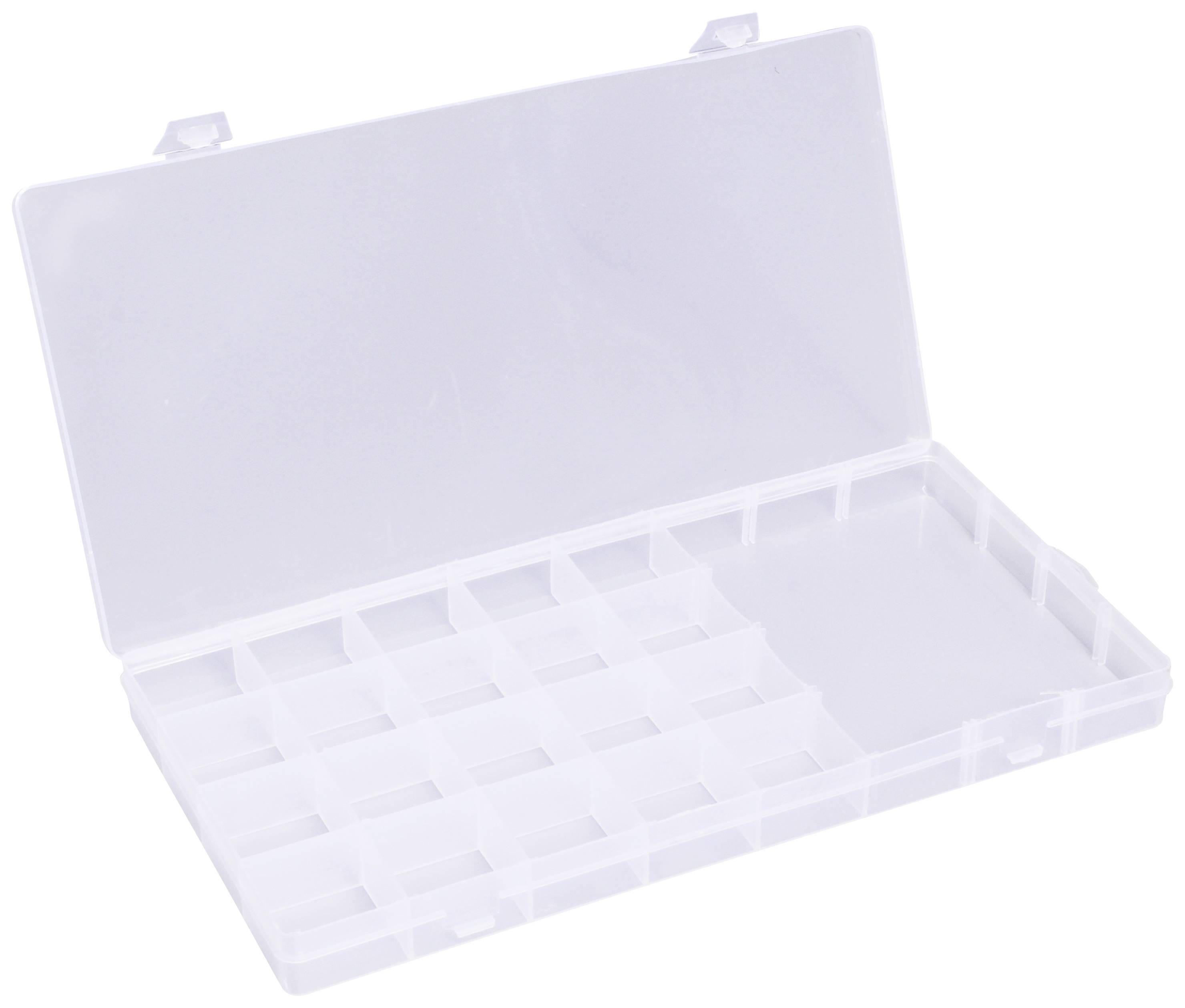 Eine transparente, offene Kunststoffbox mit 20 kleinen Fächern zur Aufbewahrung kleiner Gegenstände.
