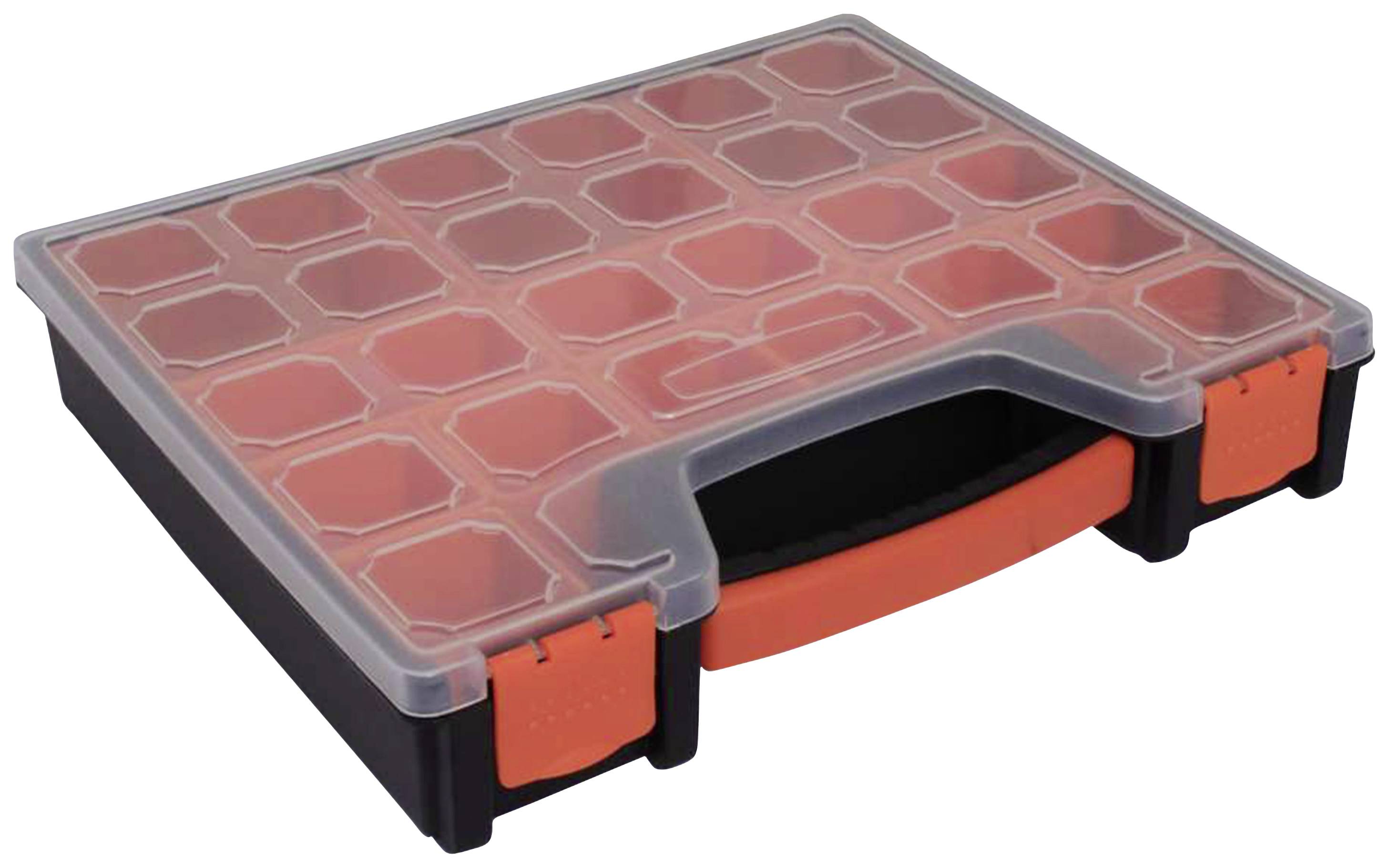 Ein transparenter Organizer mit schwarzem Rahmen und orangem Griff. Enthält ein Gitter von 24 Fächern zur Aufbewahrung kleiner Gegenstände.