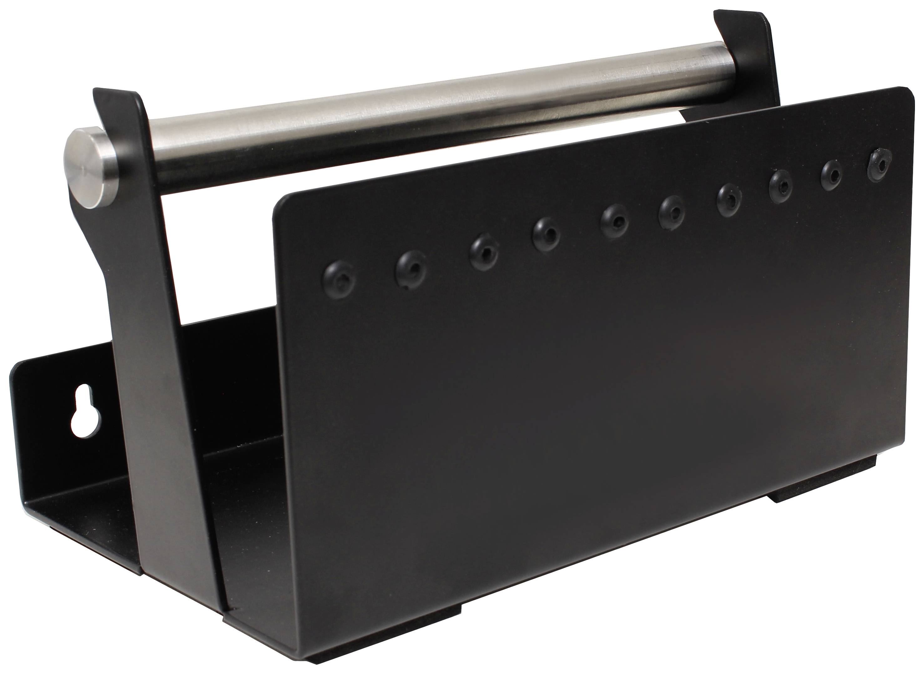 Metallener Halter mit Griff, wahrscheinlich für die Aufbewahrung von Arbeitsgeräten oder Dokumenten. Tiene ein robustes Design.