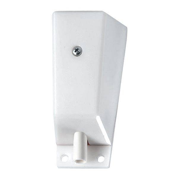 Ein weißer Wandwinkel aus Metall mit zwei Schraublöchern unten und einer mittigen Schraube oben. Eignet sich zur stabilen Befestigung.