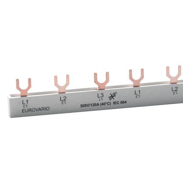 Ein Kupfer-Sammelschienensystem mit den Beschriftungen 'L1', 'L2', 'L3', geeignet für 500V/120A gemäß IEC 664, für Schaltanlagen.