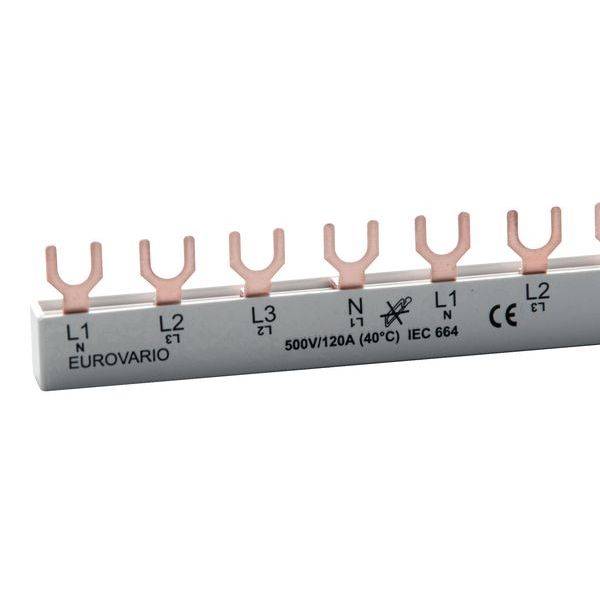 Abgebildet ist ein Kupfer-Stromschienenverteiler von Eurovario mit den Beschriftungen L1, L2, L3, N, 500V/120A und IEC 664.