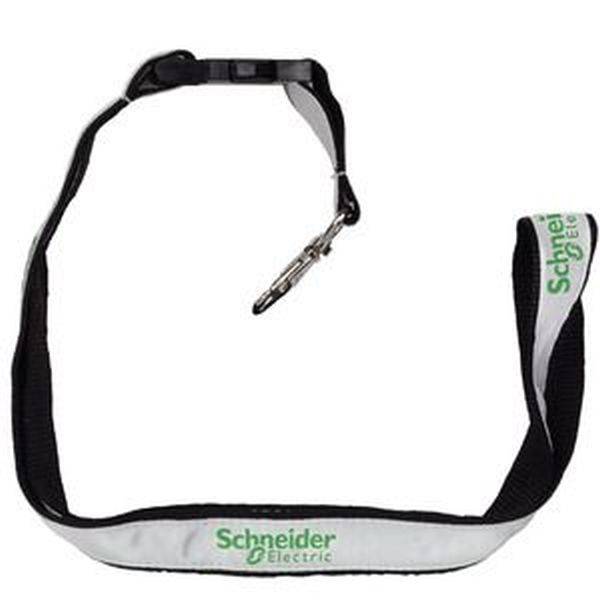 Schwarzes Schlüsselband mit weißem Streifen und 'Schneider Electric' Logo in Grün; Karabinerhaken zum Befestigen von Gegenständen.