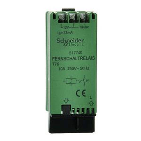 Schneider Electric Fernschaltrelais Modell 517740, 10A, 250V, 50Hz, hellgrünes Gehäuse, Schaltplan und Prüfzeichen aufgedruckt.