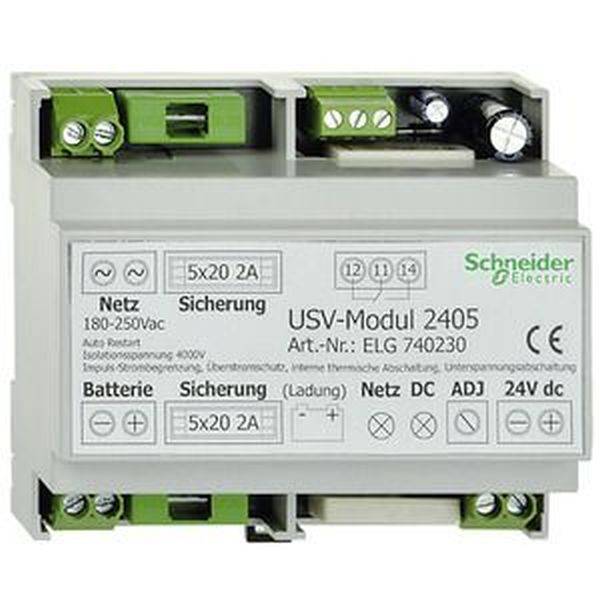 Ein USV-Modul 2405 von Schneider Electric für Netz- und Batteriesicherung mit 5x20 2A Sicherungen, Art.-Nr. ELG 740230.